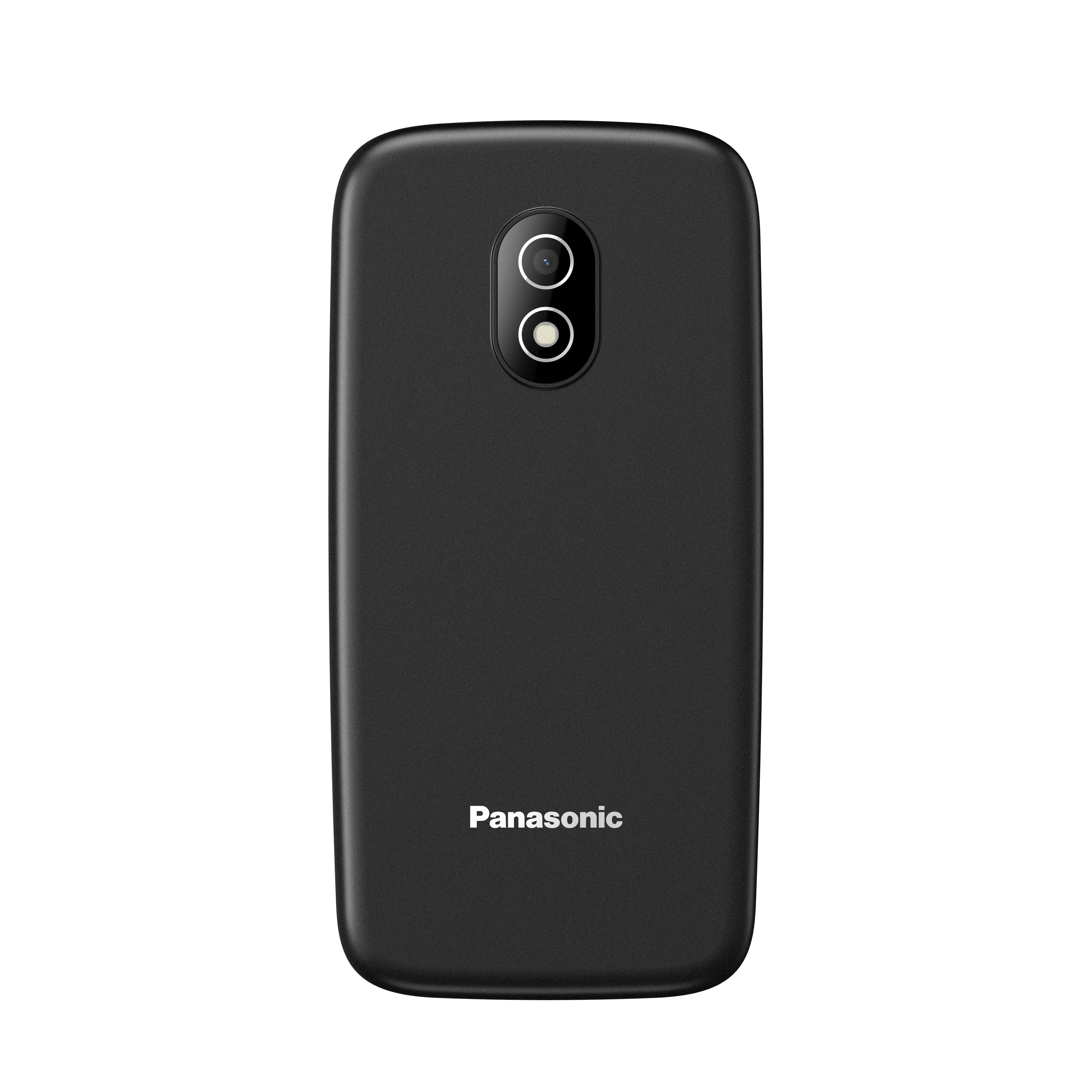 Die Rückseite eines schwarzen Panasonic-Smartphones mit zwei vertikalen Kameras und dem Panasonic-Logo.