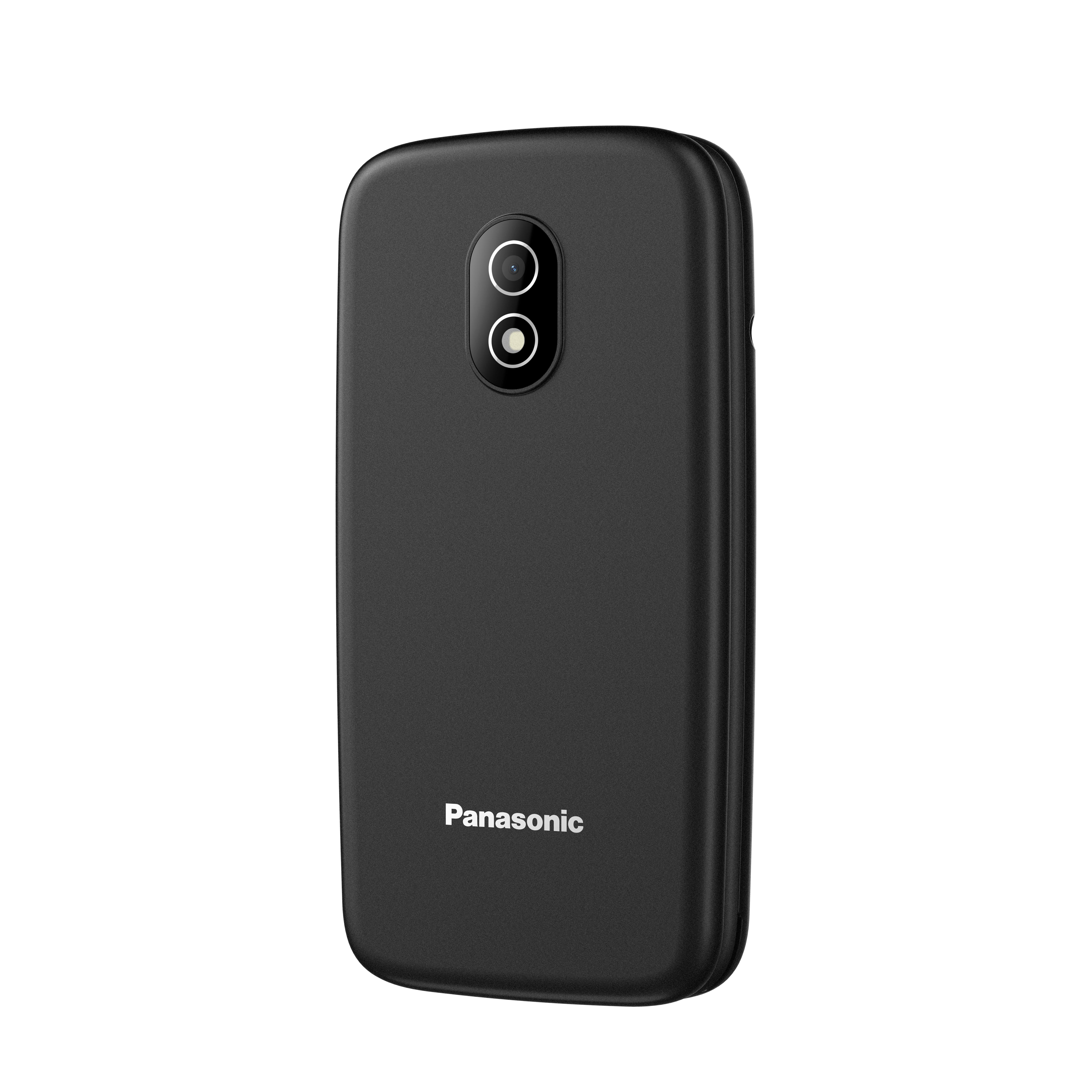 Rückseite eines schwarzen Panasonic-Smartphones mit vertikaler Dual-Kamera und weißem Logo.
