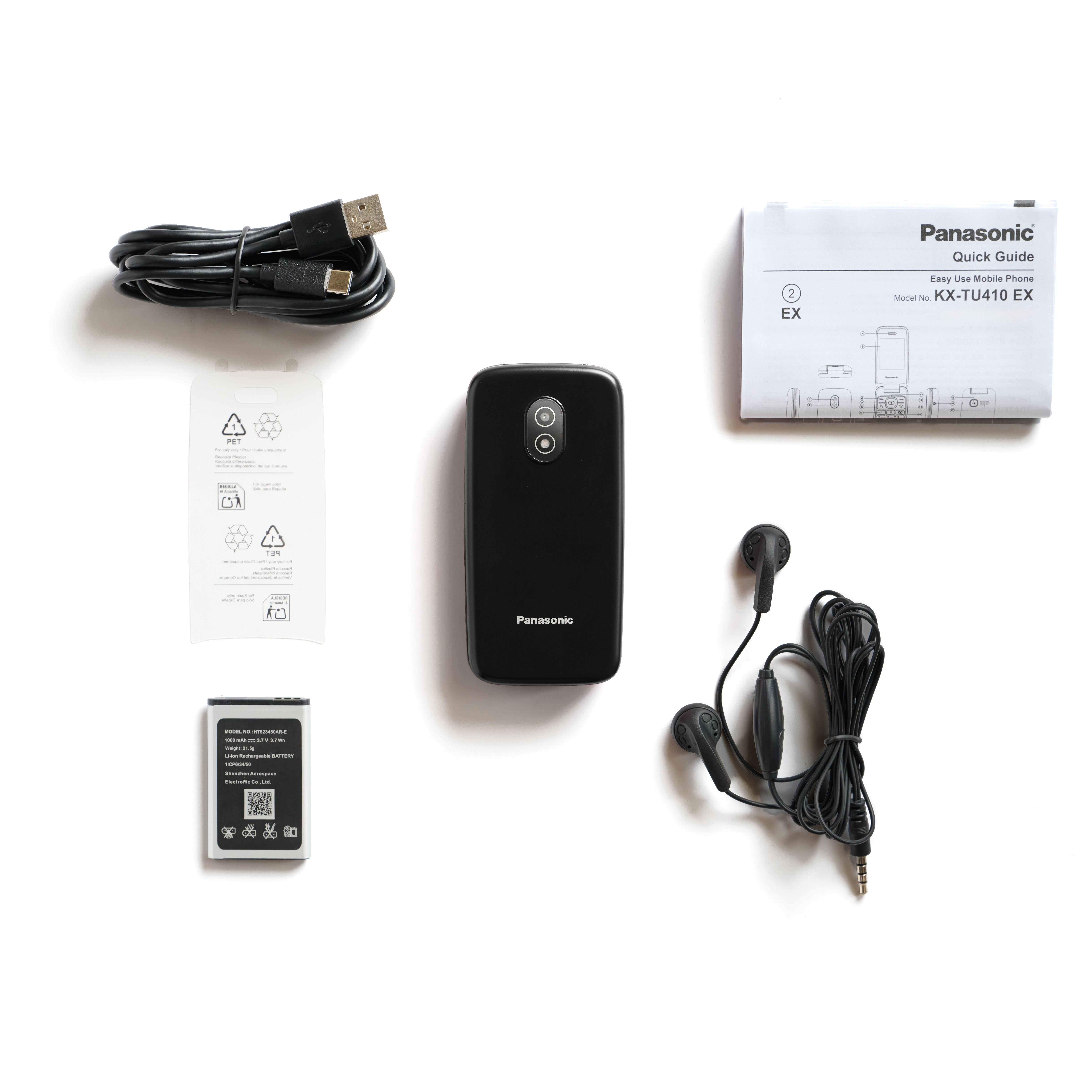 Panasonic Handy mit Zubehör wie Akku, Kabel, Ohrhörern und Anleitung.