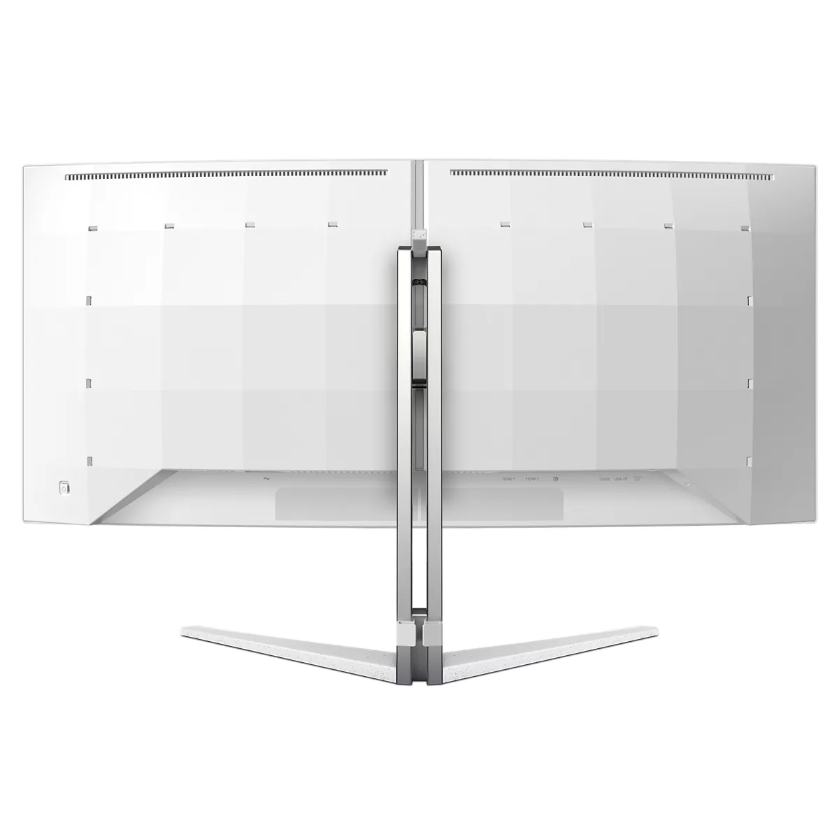 Rückansicht eines weißen Curved-Monitors mit einem silbernen Standfuß auf weißem Hintergrund.