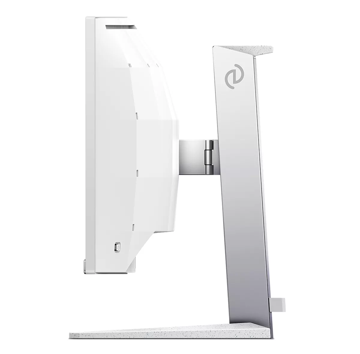 Seitenansicht eines modernen weißen Monitors auf einem eleganten Standfuß mit hellem Logo auf weißem Hintergrund.