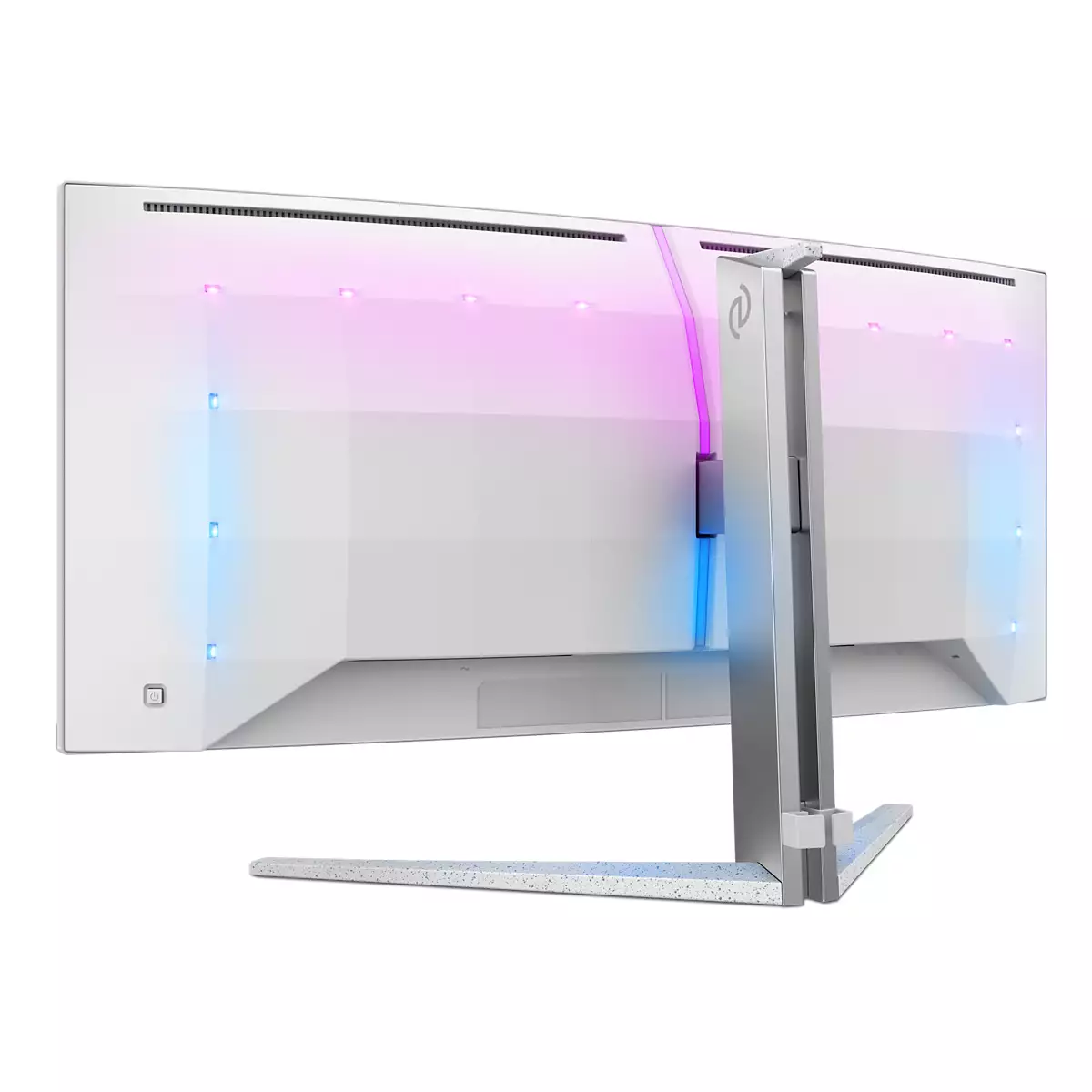 Rückseite eines weißen Computerschirms auf einem silbernen Ständer mit bunten LED-Lichtern.