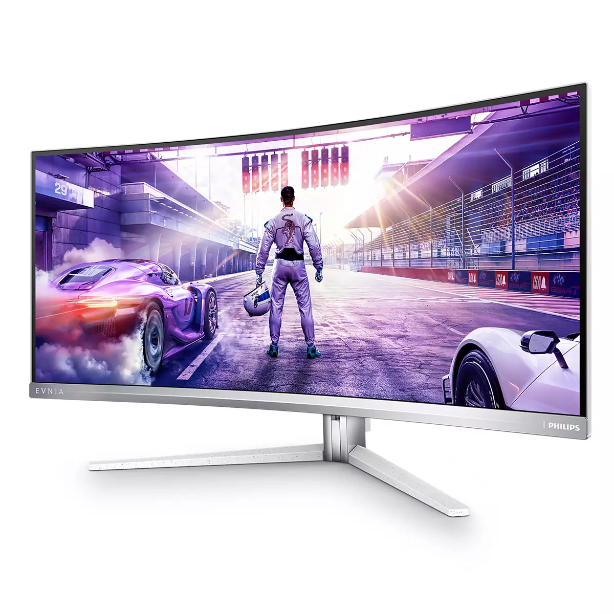 Ein breiter, gebogener Philips Evnia Gaming-Monitor zeigt eine Rennszene mit einem Rennfahrer und Autos.