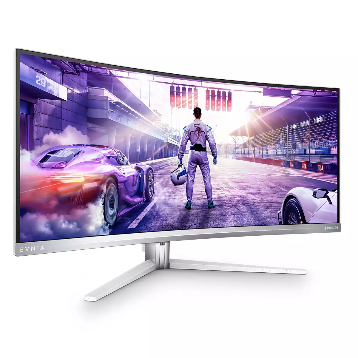 Ein gebogener Philips-Gaming-Monitor zeigt eine Rennszene mit einem Sportwagen und einem Fahrer.