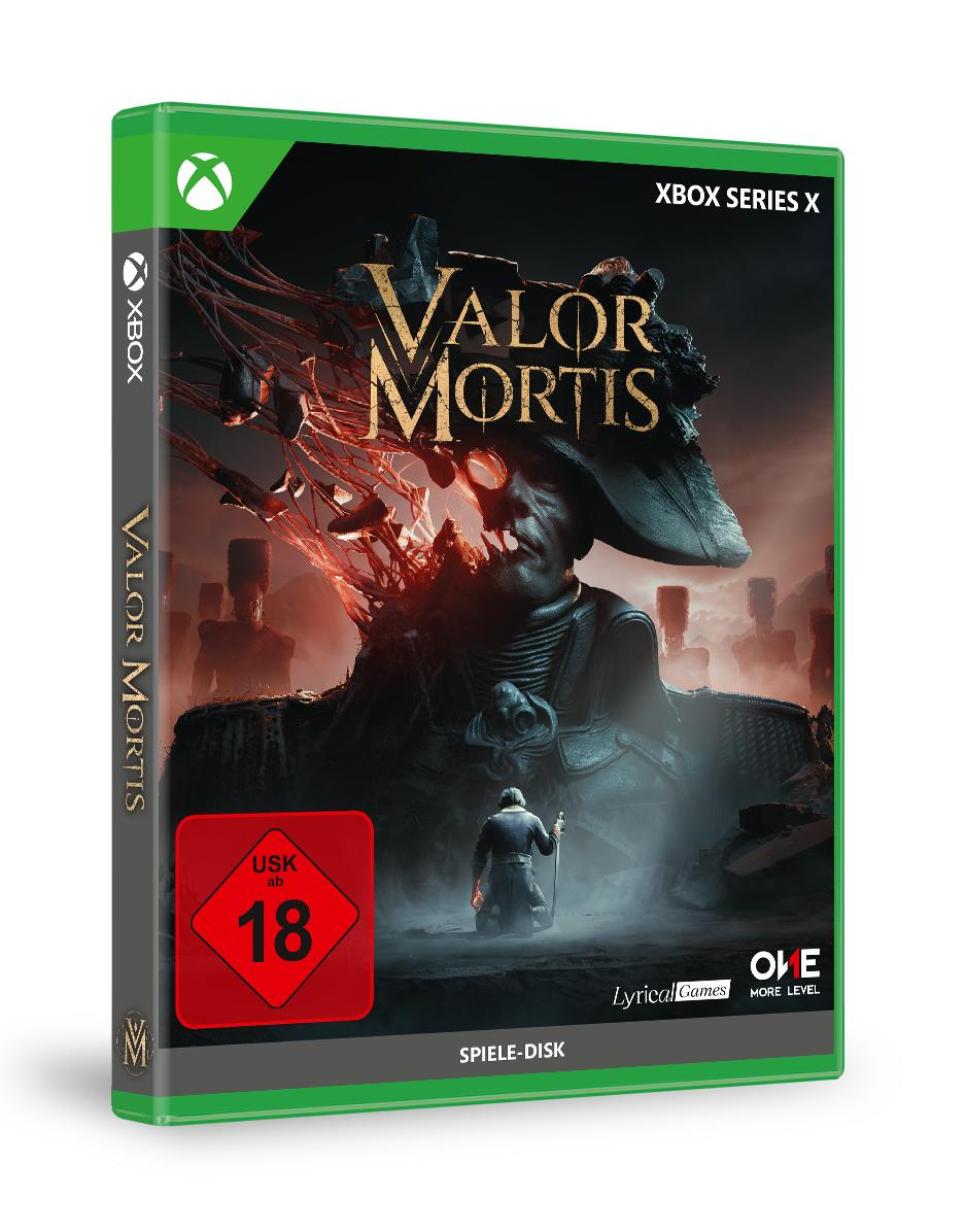 Xbox Series X Hülle von Valor Mortis mit einer düsteren Figur und roten Elementen, USK 18.