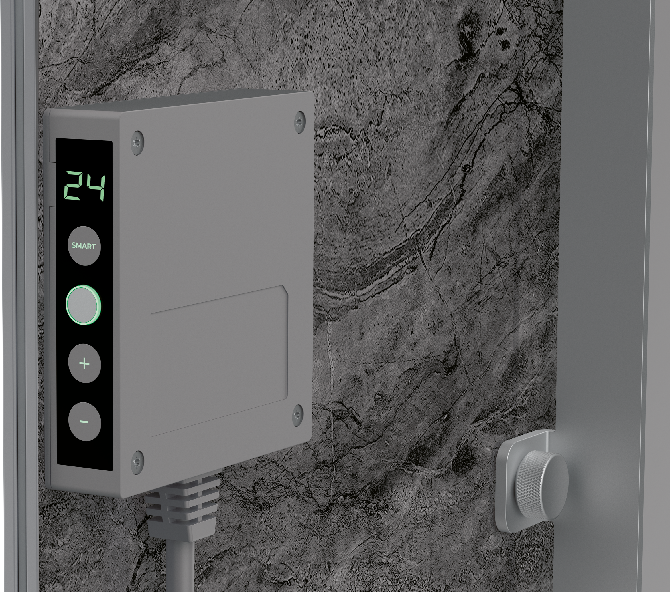 Szürke elektronikus vezérlőegység digitális kijelzővel, gombokkal és kábellel egy szürke márványfalon.