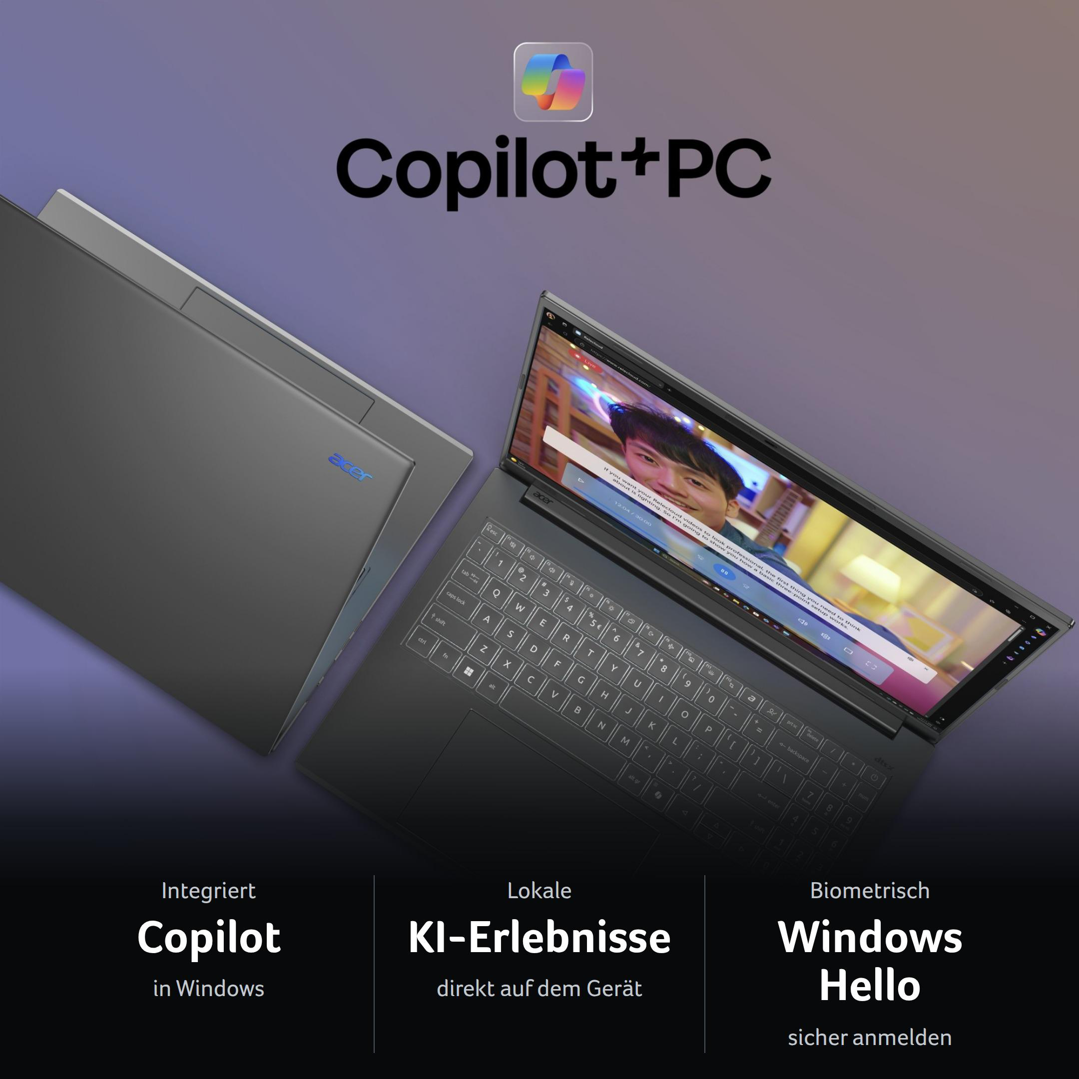 Acer Copilot+ PC mit offenem Bildschirm zeigt ein Videobild, daneben ein geschlossener Laptop.