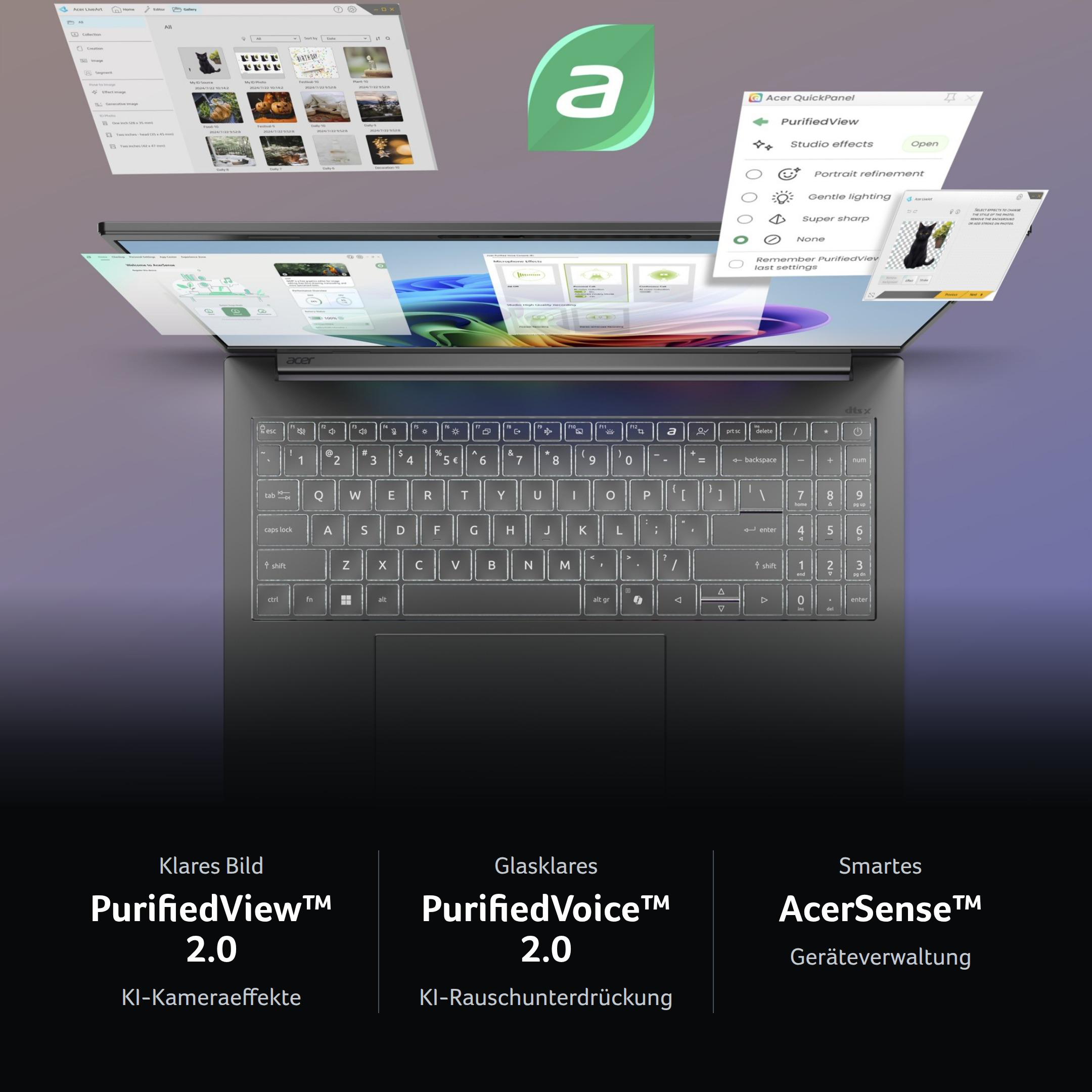 Acer-Laptop mit beleuchteter Tastatur und schwebenden Software-Oberflächen für KI-Kamera, Audio und Geräteverwaltung.