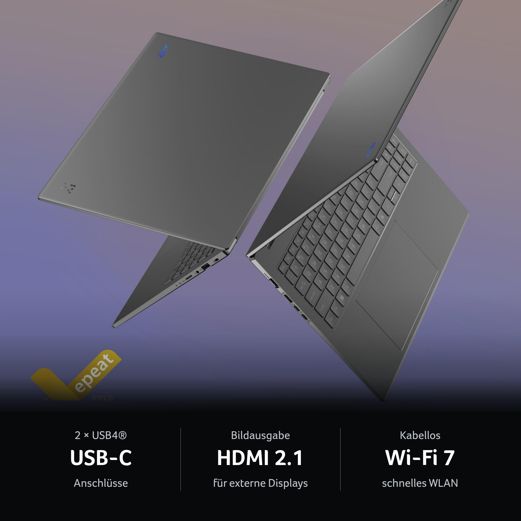 Zwei Acer Laptops, epeat-Gold-Logo und Icons für USB-C, HDMI 2.1 und Wi-Fi 7 auf blauem Hintergrund.