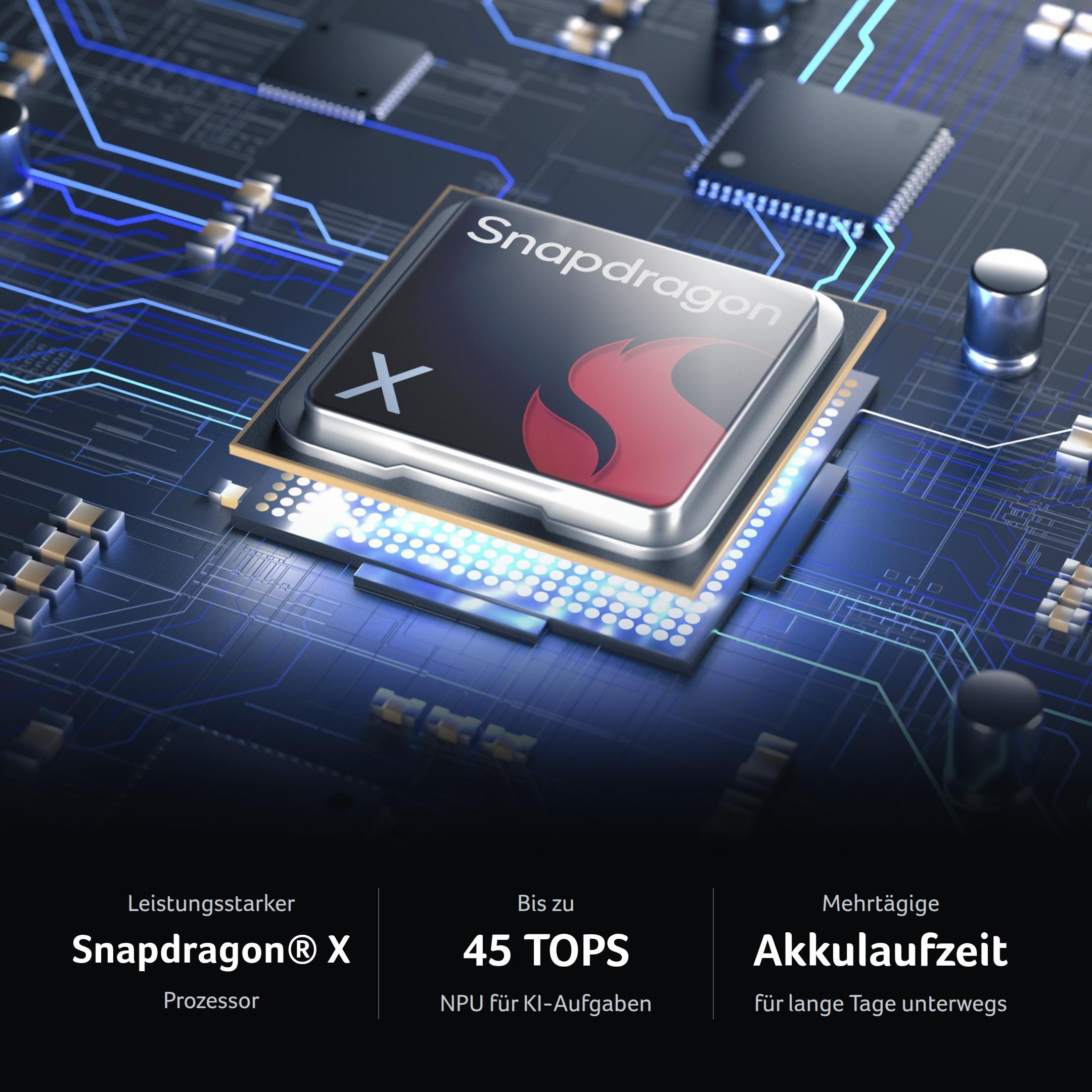 Ein Snapdragon X-Prozessor auf einer blauen Leiterplatte mit heller Beleuchtung und technischen Texten.