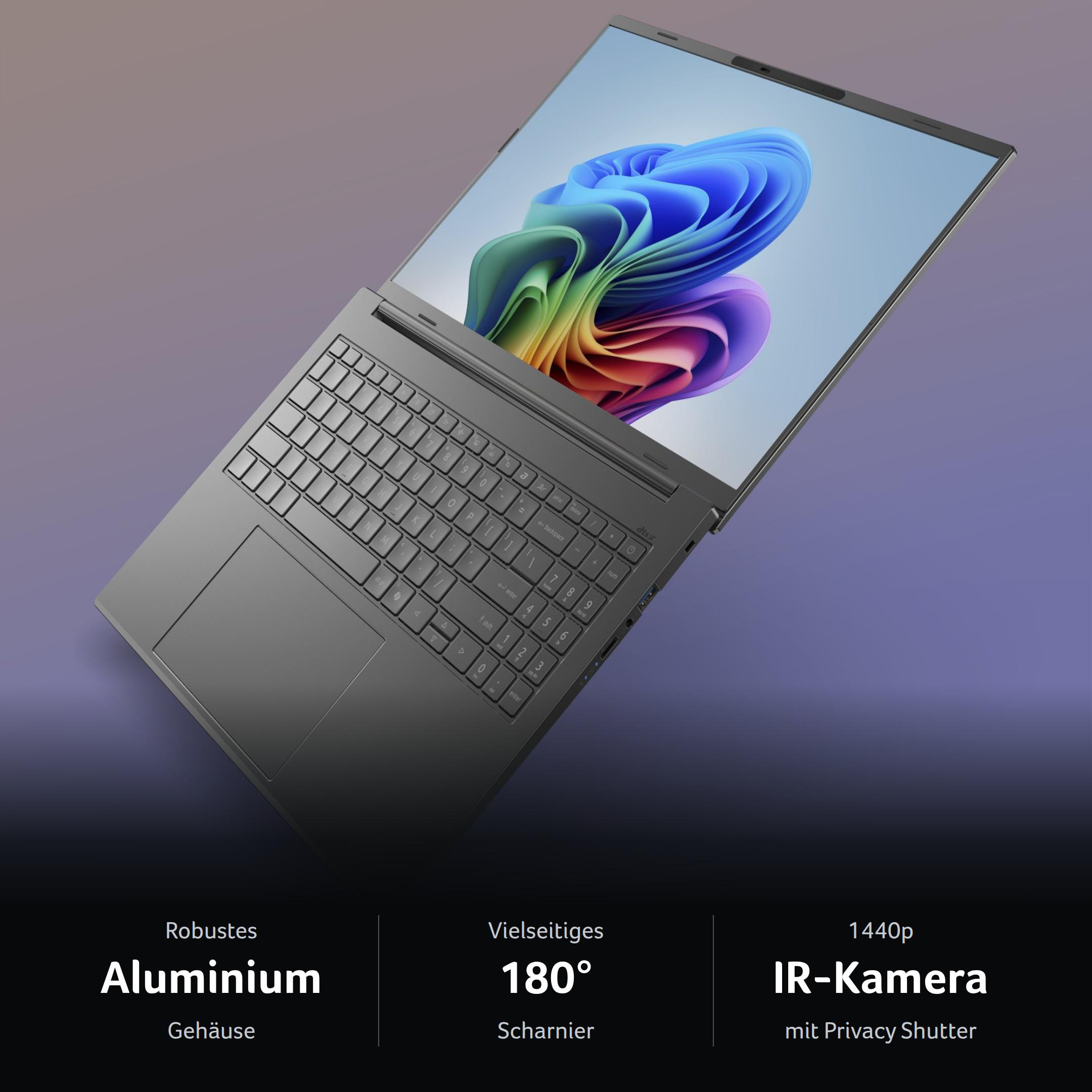Grauer Laptop mit buntem Bildschirm und Texten zu Gehäuse, Scharnier und IR-Kamera.