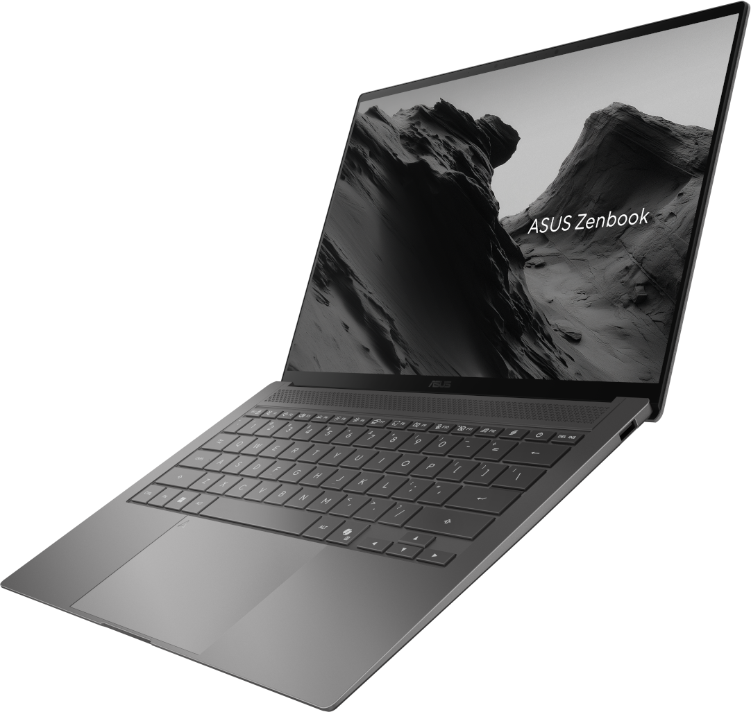 Egy ASUS Zenbook laptop fekete hegyi képernyővel, fekete háttér előtt.