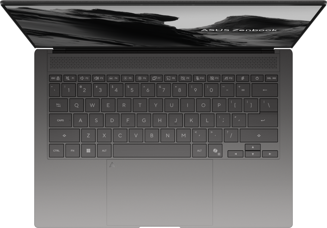 Felülnézet egy ASUS Zenbook laptopról megvilágított billentyűzettel és szürke elemekkel.