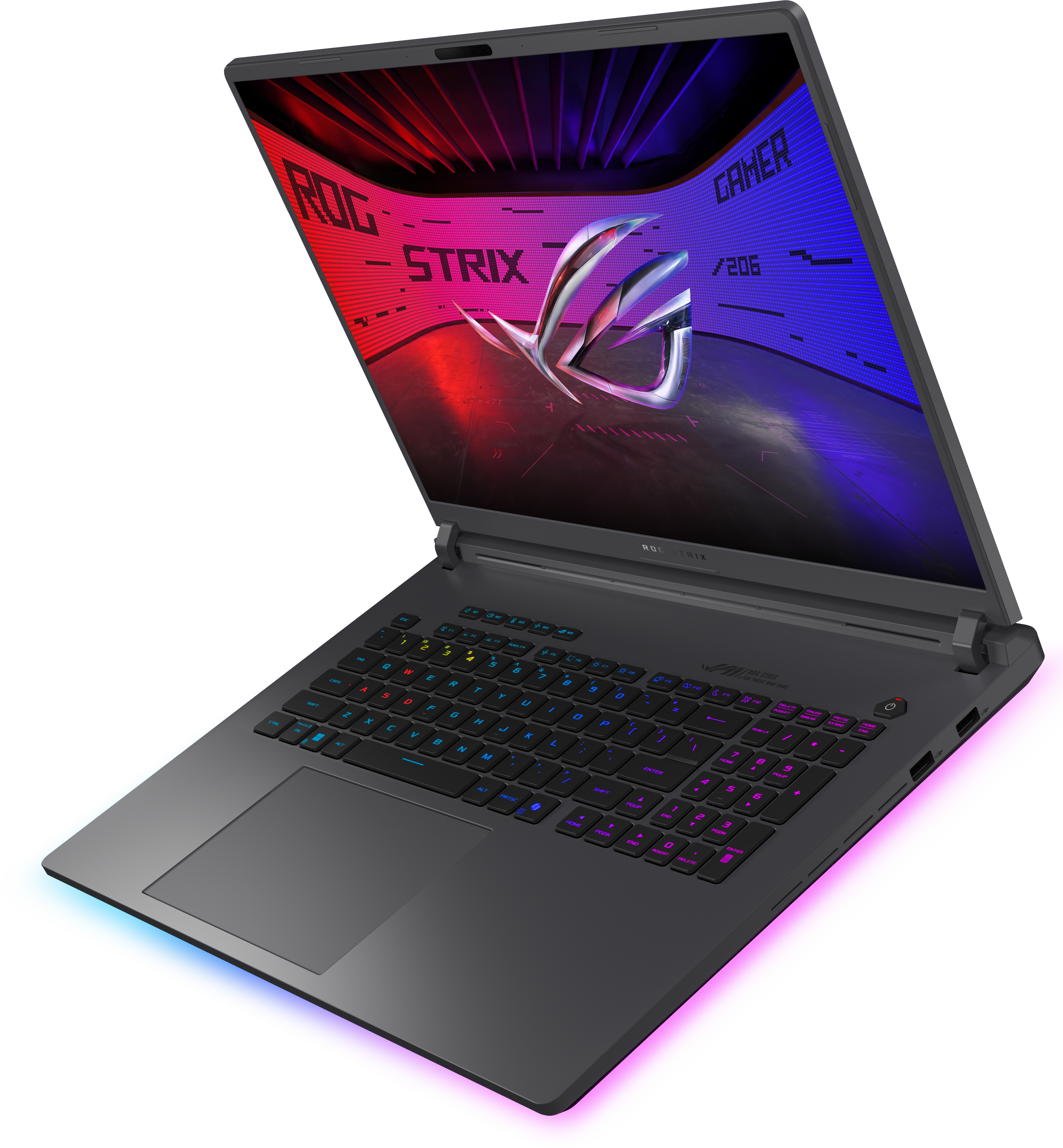 Egy szürke ROG Strix gamer laptop világító billentyűzettel és logóval a képernyőn.