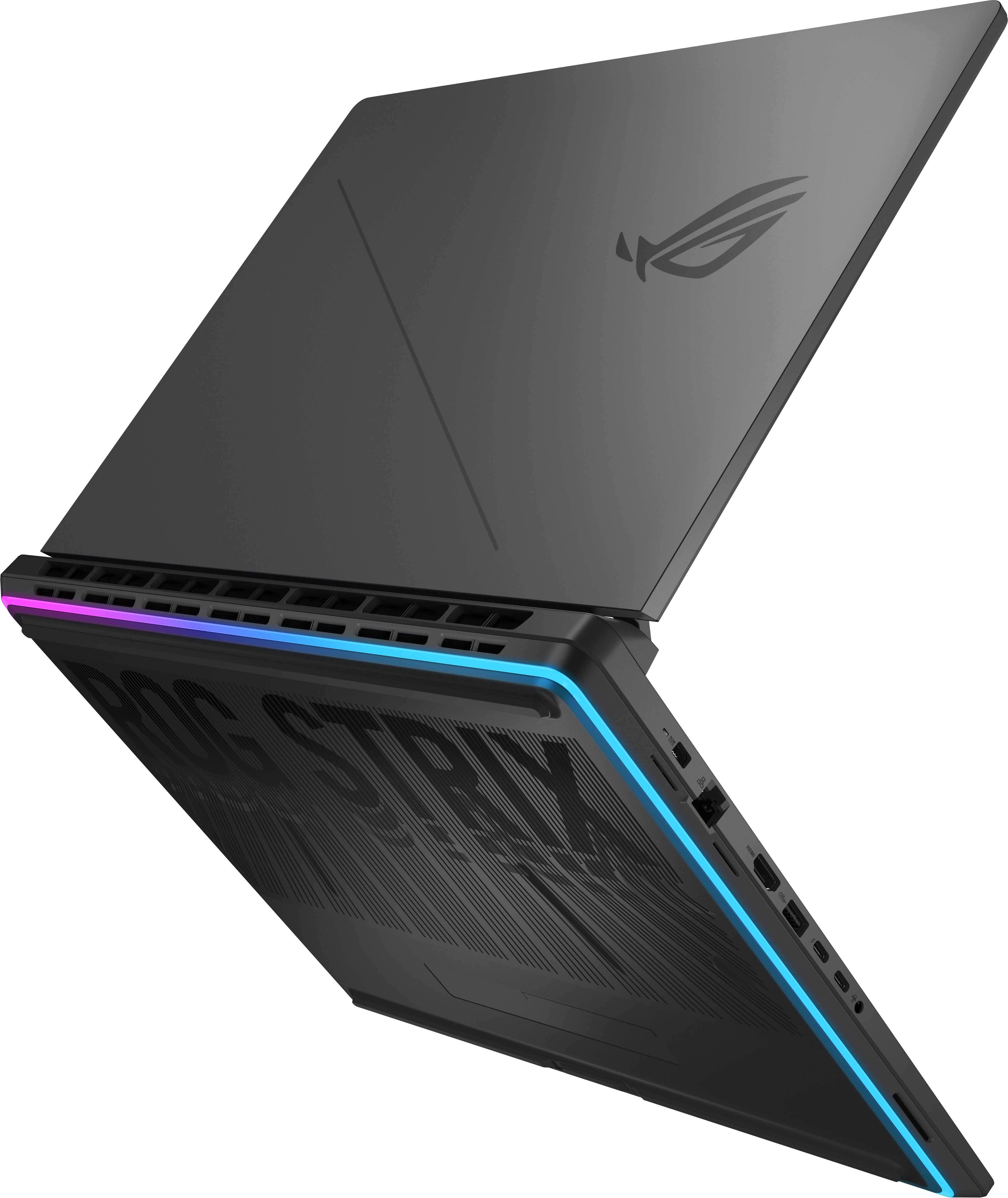 Szürke gamer laptop RGB háttérvilágítással a hátulján és ROG Strix logóval a fedelén.