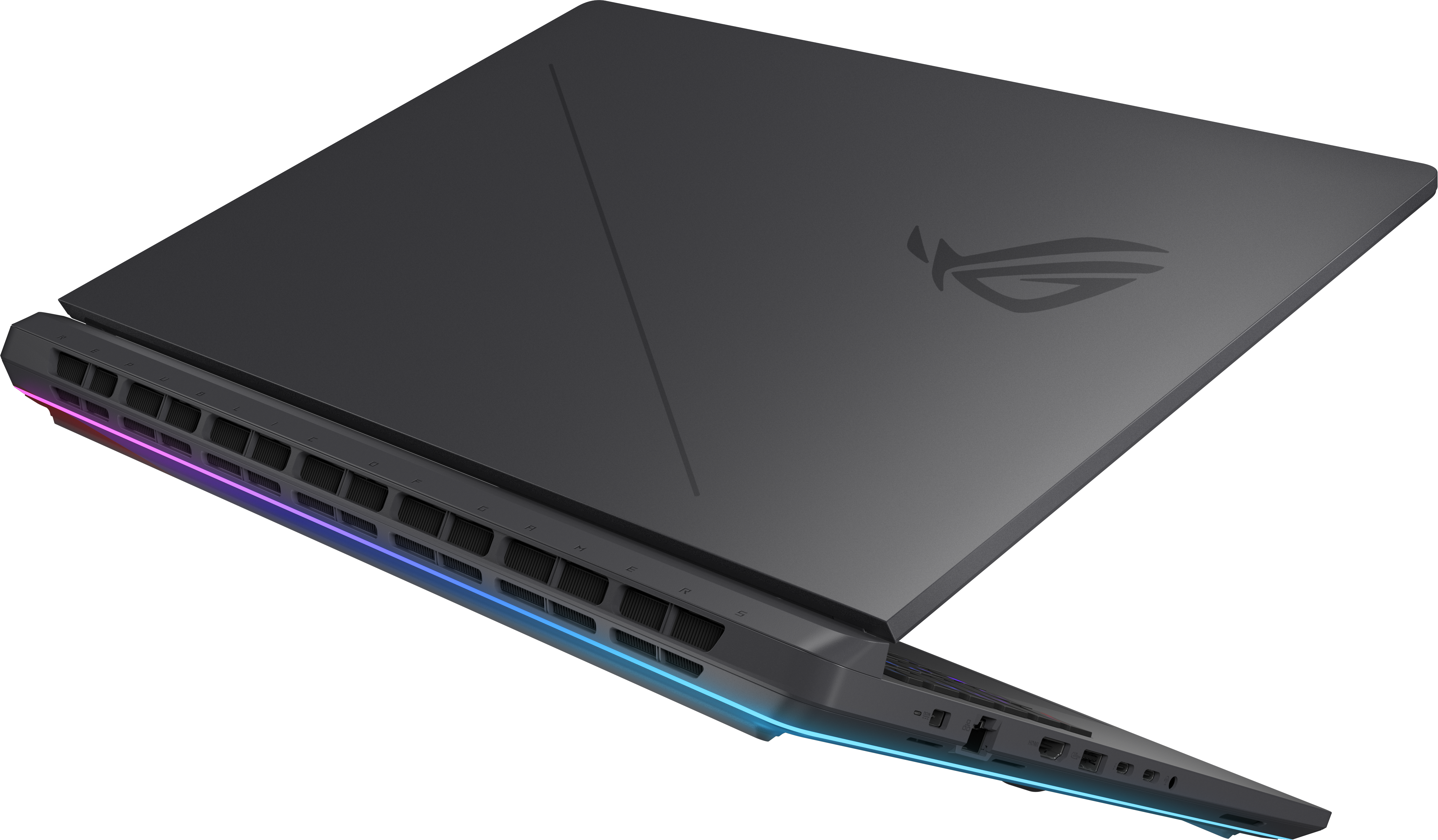 Egy szürke gamer laptop zárt fedéllel és kék RGB világítással a hátoldalon, fekete háttér előtt.