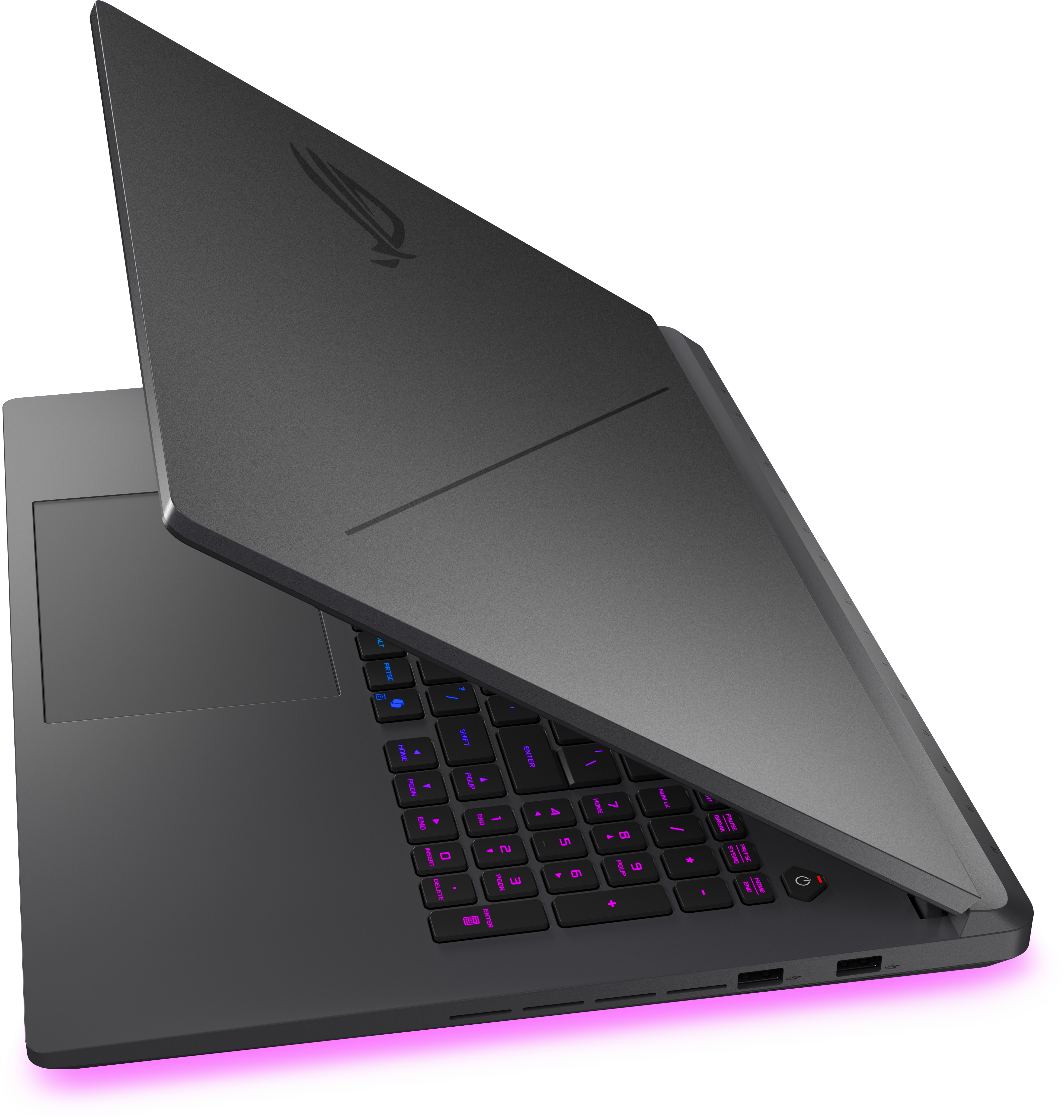 Félig nyitott szürke laptop billentyűzettel és rózsaszín alulvilágítással.