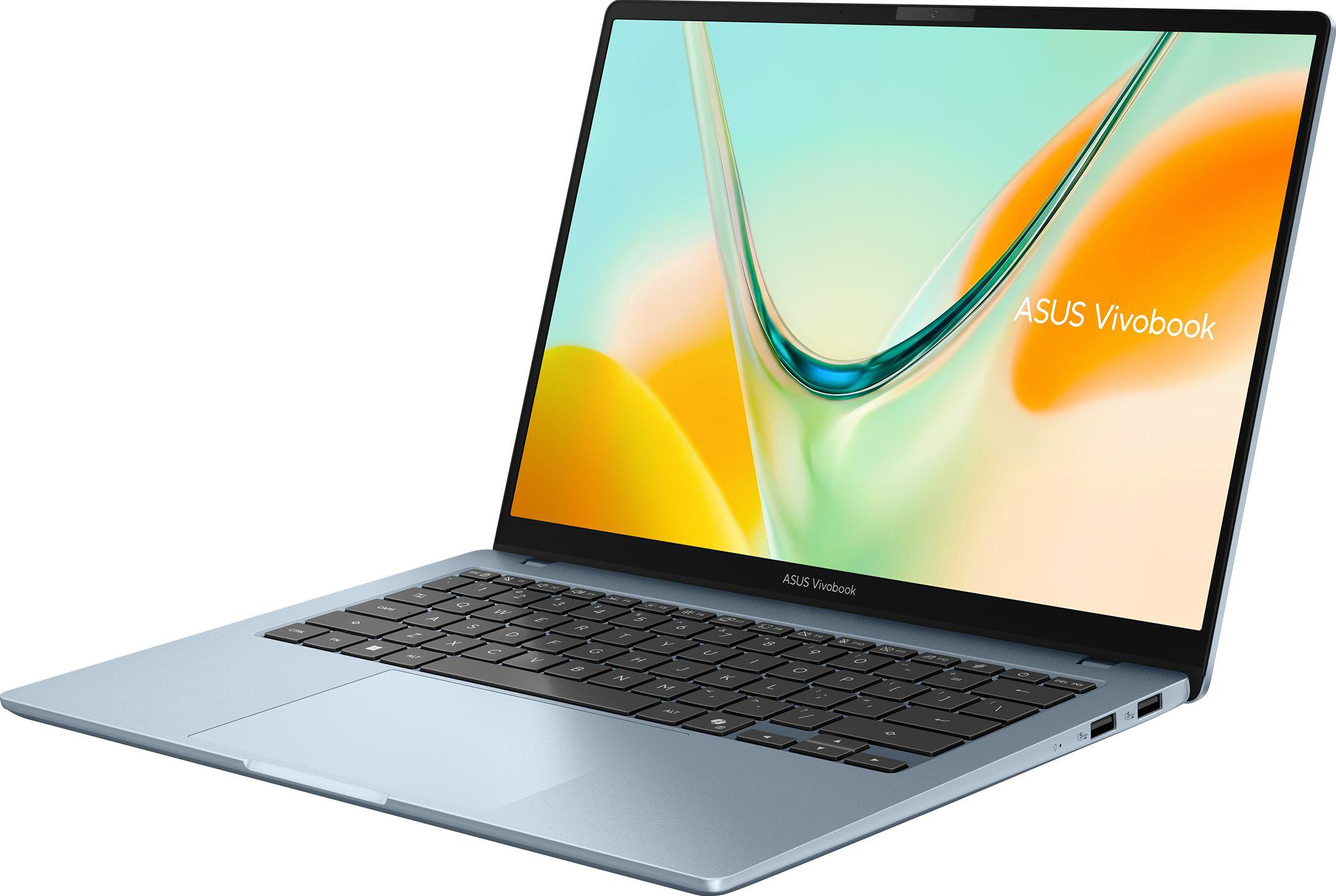 Világoskék ASUS Vivobook laptop nyitott képernyővel és színes háttérképpel.