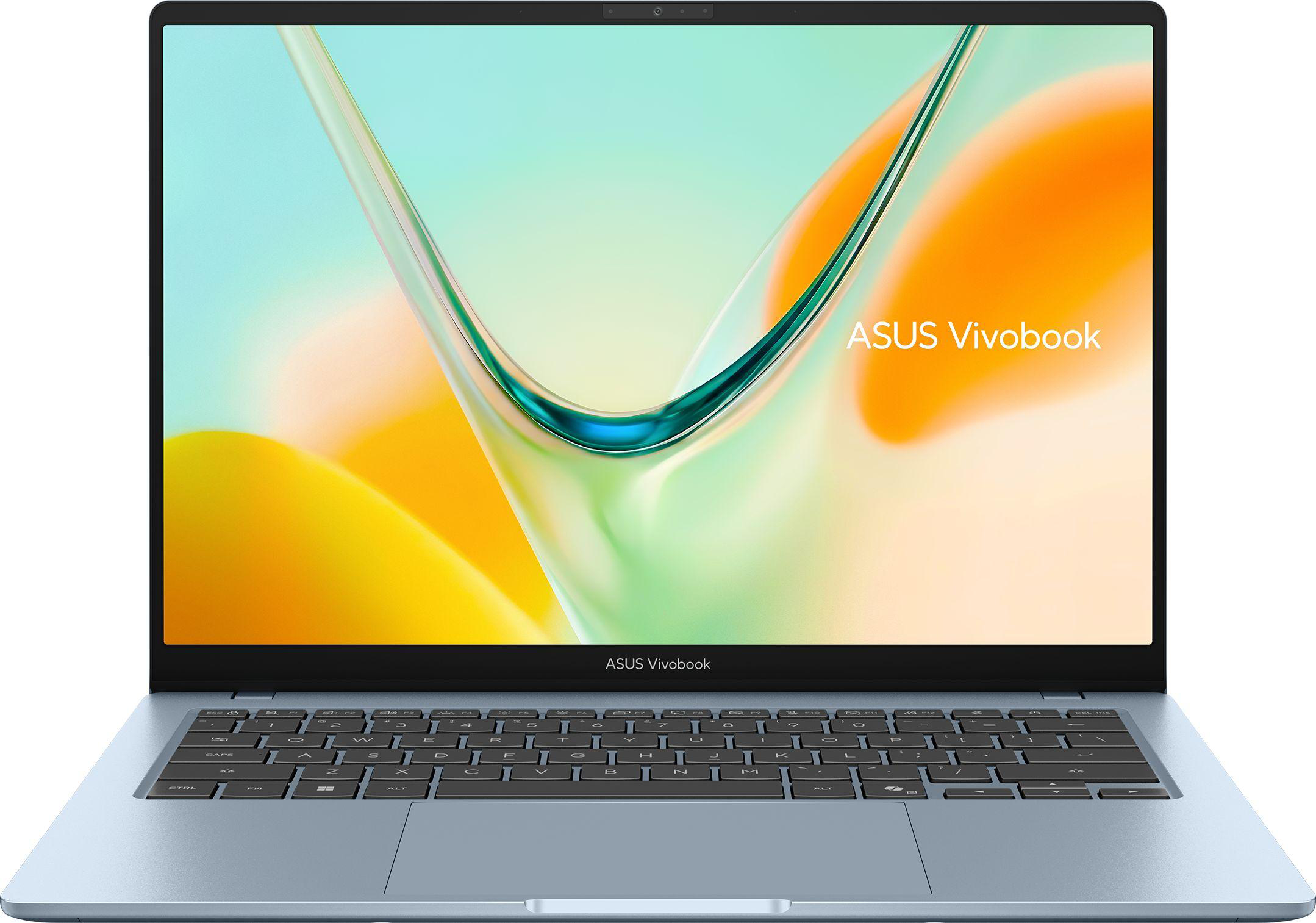 Kék színű ASUS Vivobook laptop elölnézetben, színes hullámos háttérképpel és fekete billentyűzettel.