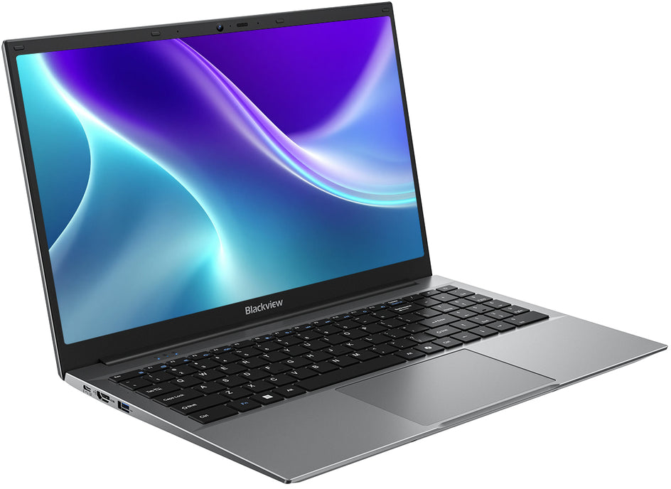 Egy ezüst színű Blackview laptop nyitva, képernyőjén kék és lila absztrakt hullám háttérkép látható.