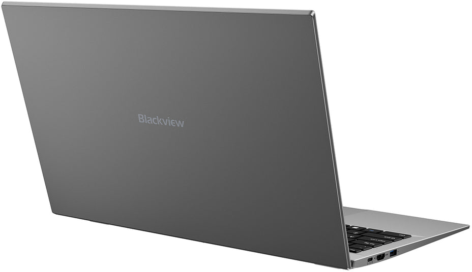 Egy szürke Blackview laptop látható fehér háttér előtt, a fedelén logóval.