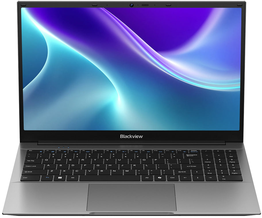 Szürke Blackview laptop kék háttérképpel és billentyűzettel.