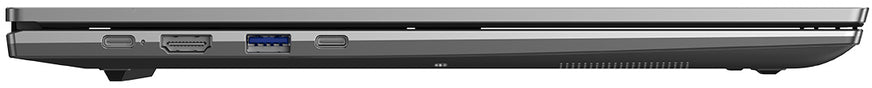 Zárt laptop oldalsó nézete, különféle portokkal, mint az USB, HDMI és USB-C.