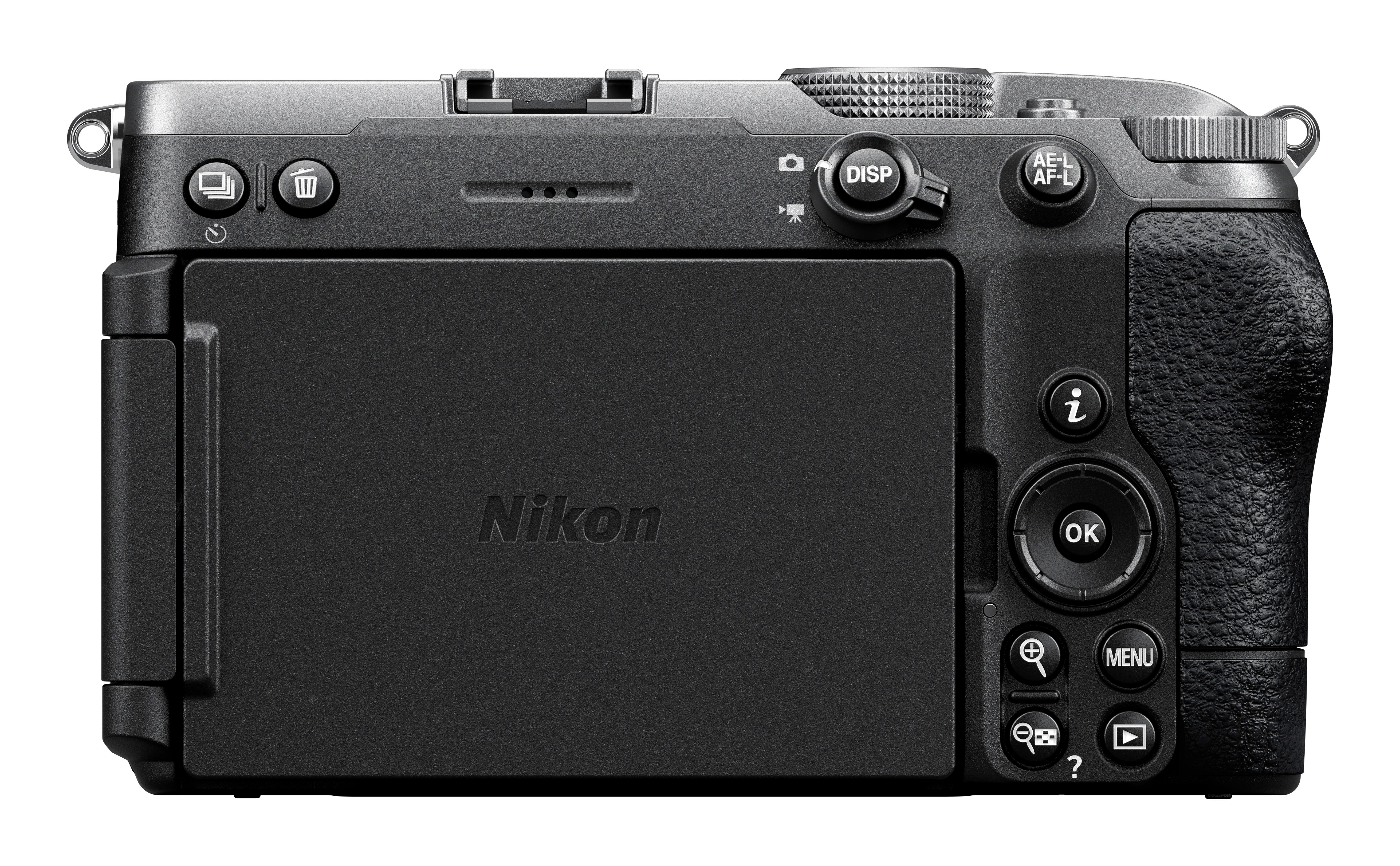 Rückseite einer schwarzen Nikon Systemkamera mit LCD-Bildschirm und Steuerungstasten.
