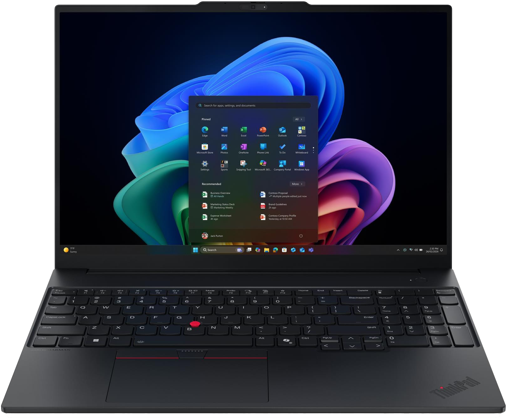 Fekete laptop kék absztrakt háttérképpel, nyitott Start menüvel és piros TrackPointtal.
