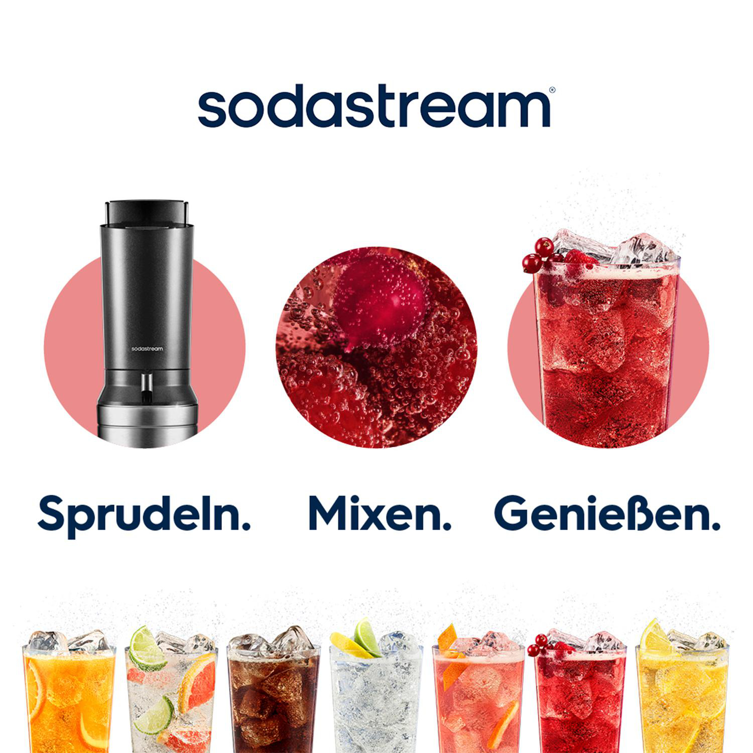 Sodastream-Werbung mit Sprudler, rotem Sprudelgetränk und bunten Fruchtcocktails.