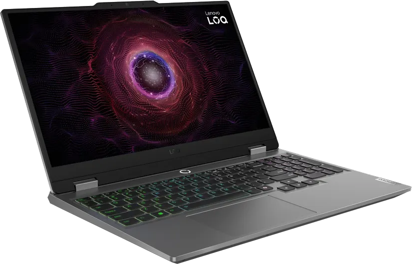 Egy ezüst Lenovo LOQ laptop háttérvilágítású billentyűzettel és lila-piros absztrakt mintás képernyővel.