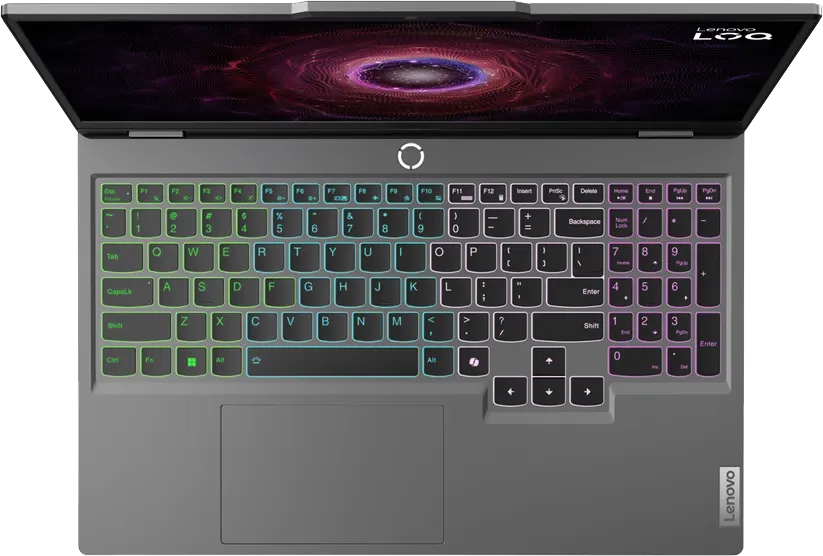 Lenovo laptop felülről, RGB háttérvilágítású billentyűzettel és piros kijelzővel.