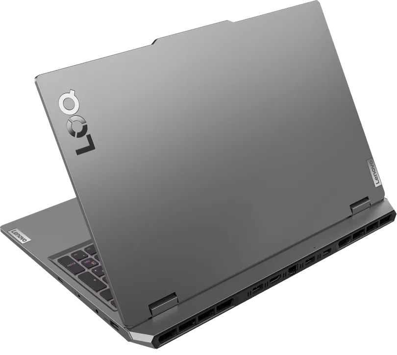 Szürke Lenovo LOQ laptop hátulról nézve, portokkal és a LOQ logóval.