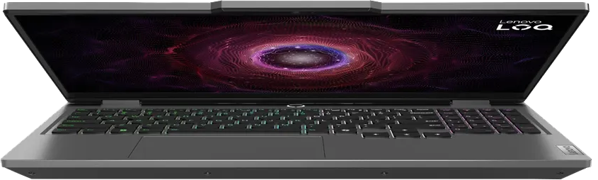Nyitott Lenovo LOQ gamer laptop, a képernyőn lila és vörös absztrakt örvényléssel.