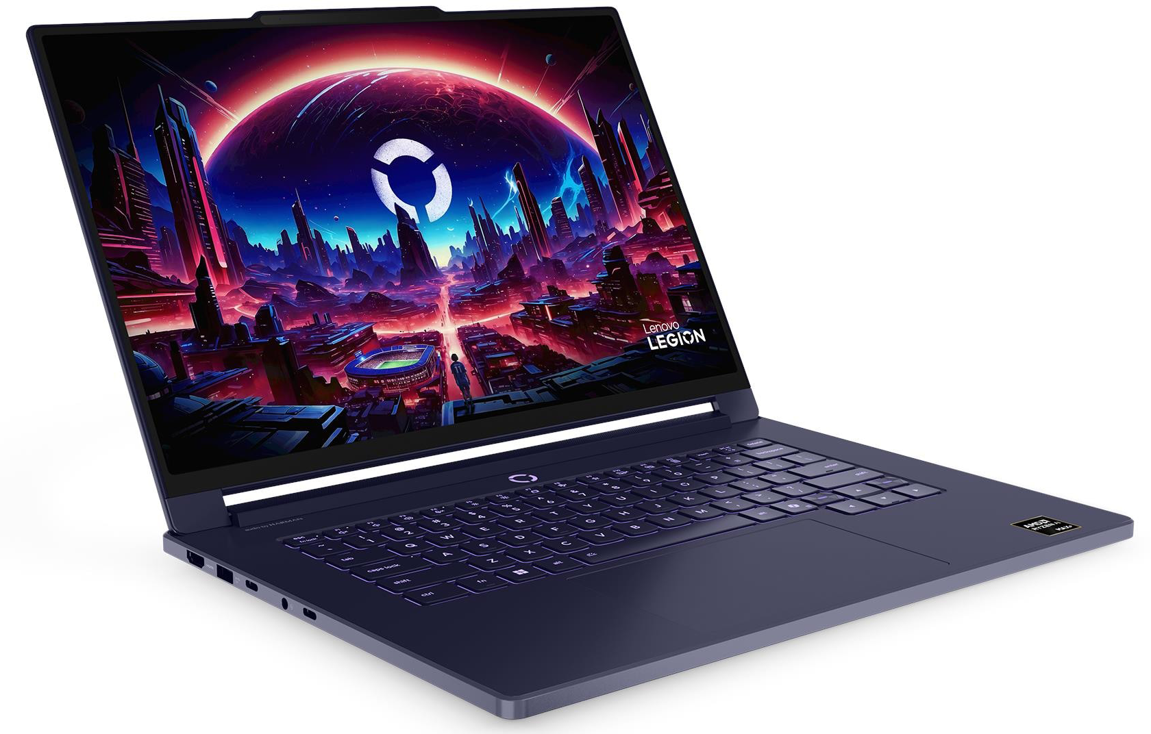 Egy kék Lenovo Legion laptop fehér háttérrel, színes sci-fi város háttérképpel a képernyőn.