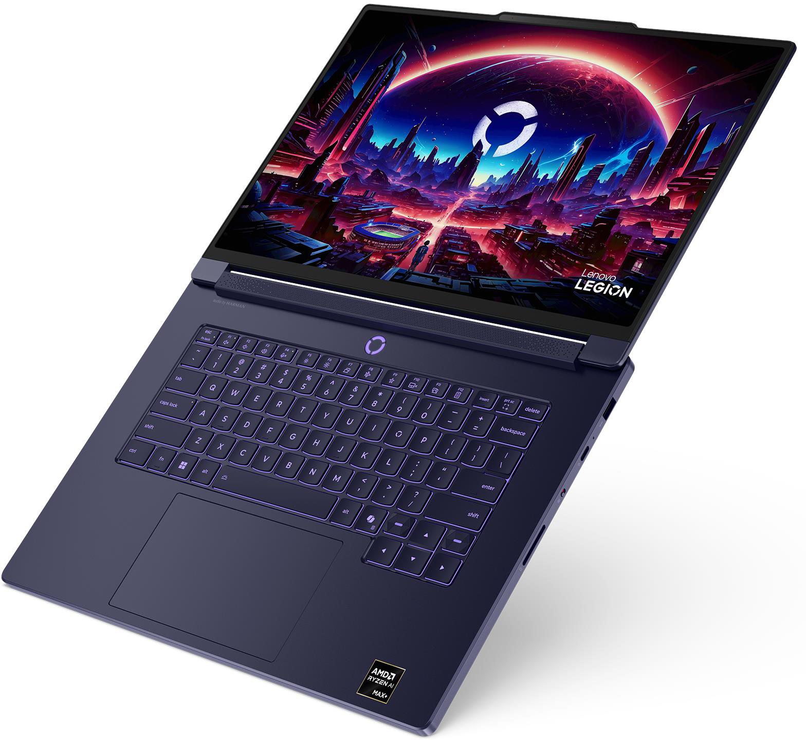 Sötétkék laptop háttérvilágítású billentyűzettel és színes háttérképpel a képernyőn.