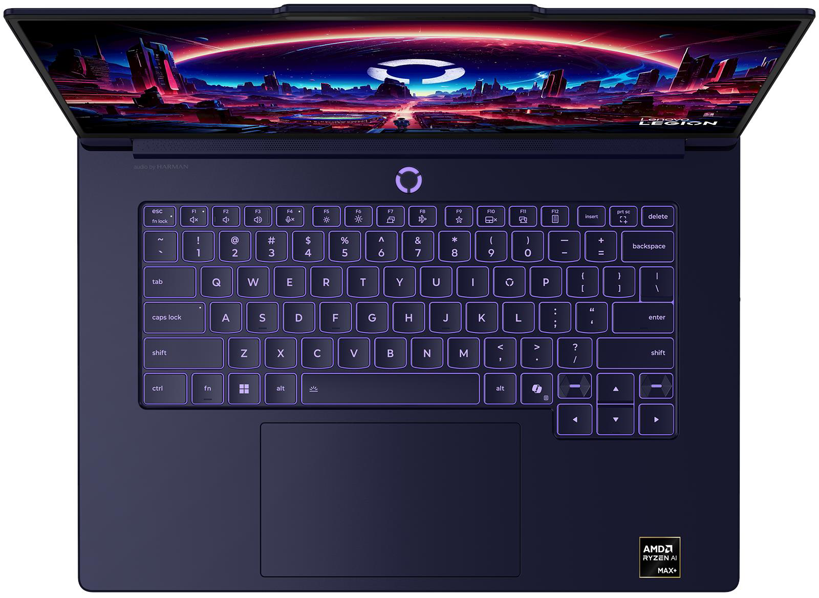 Sötétkék laptop háttérvilágítással rendelkező billentyűzettel és futurista háttérképpel.