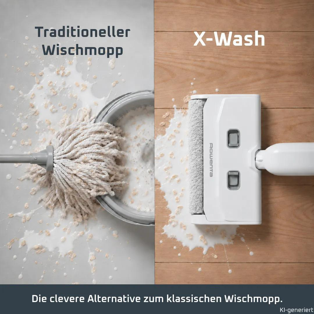 Vergleich zwischen traditionellem Wischmopp auf grauem Boden und modernem X-Wash auf Holz.