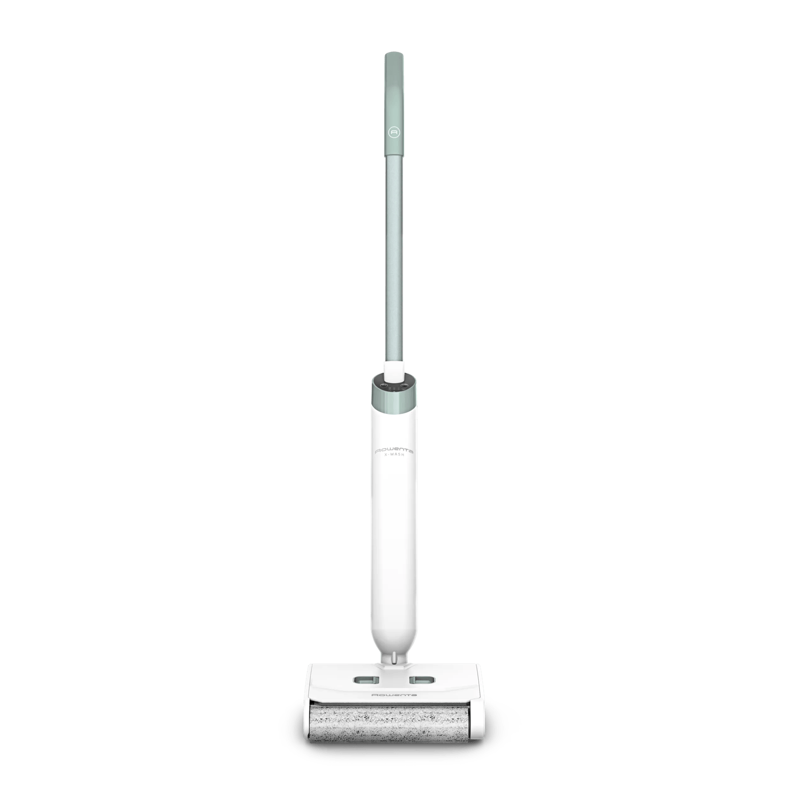 Ein weiß-grauer kabelloser Bodenreiniger mit rotierender Bürstenrolle auf schwarzem Hintergrund.