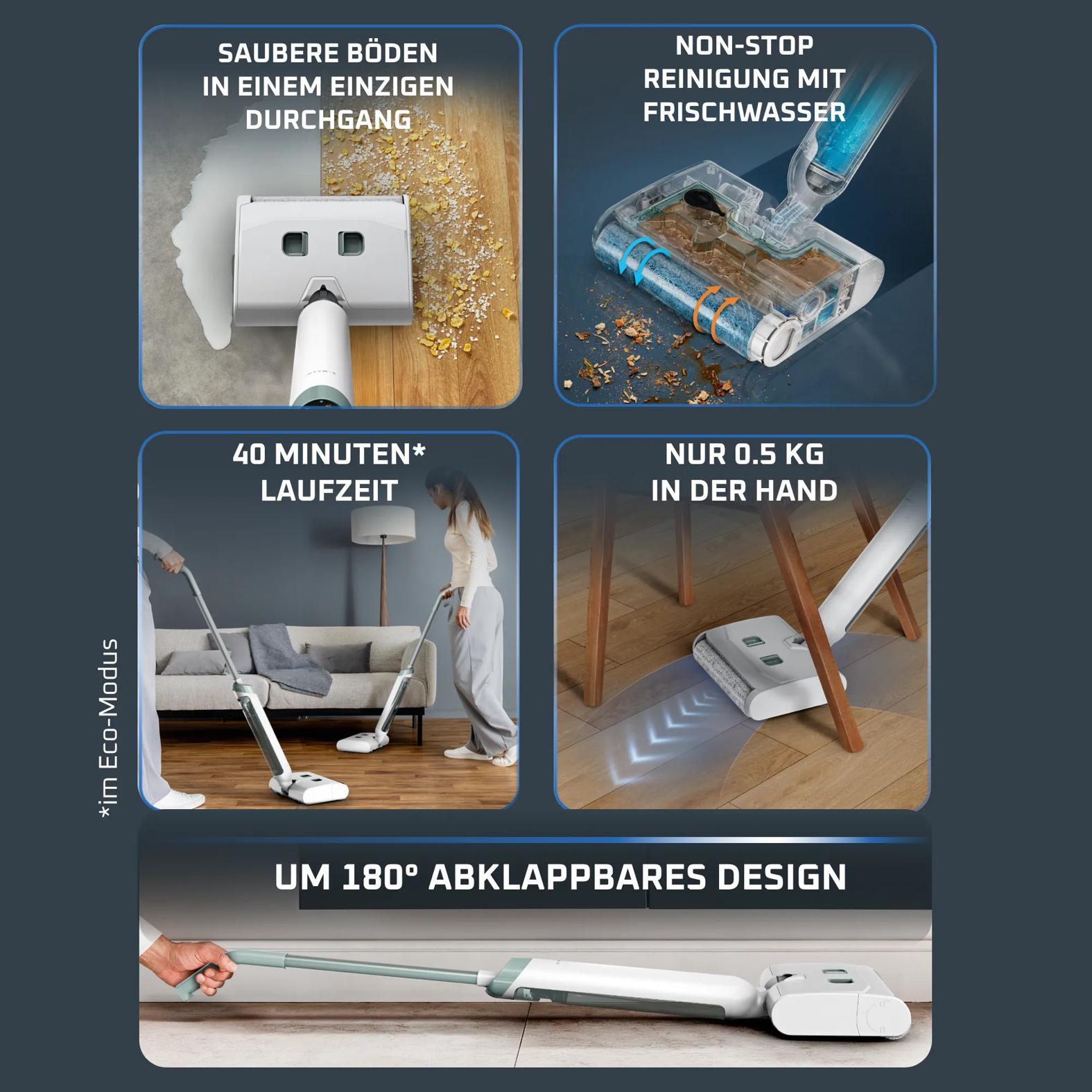 Fünf Bilder zeigen die Merkmale eines kabellosen Nass- und Trockensaugers mit langer Laufzeit und flachem Design.