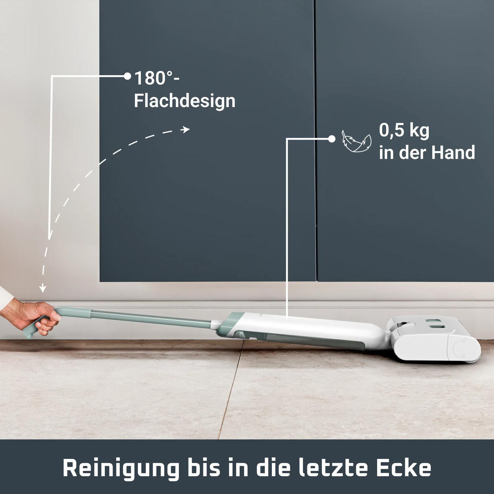 Flacher weiß-türkiser Bodenwischer mit Hand und Text zur 180-Grad-Funktion.
