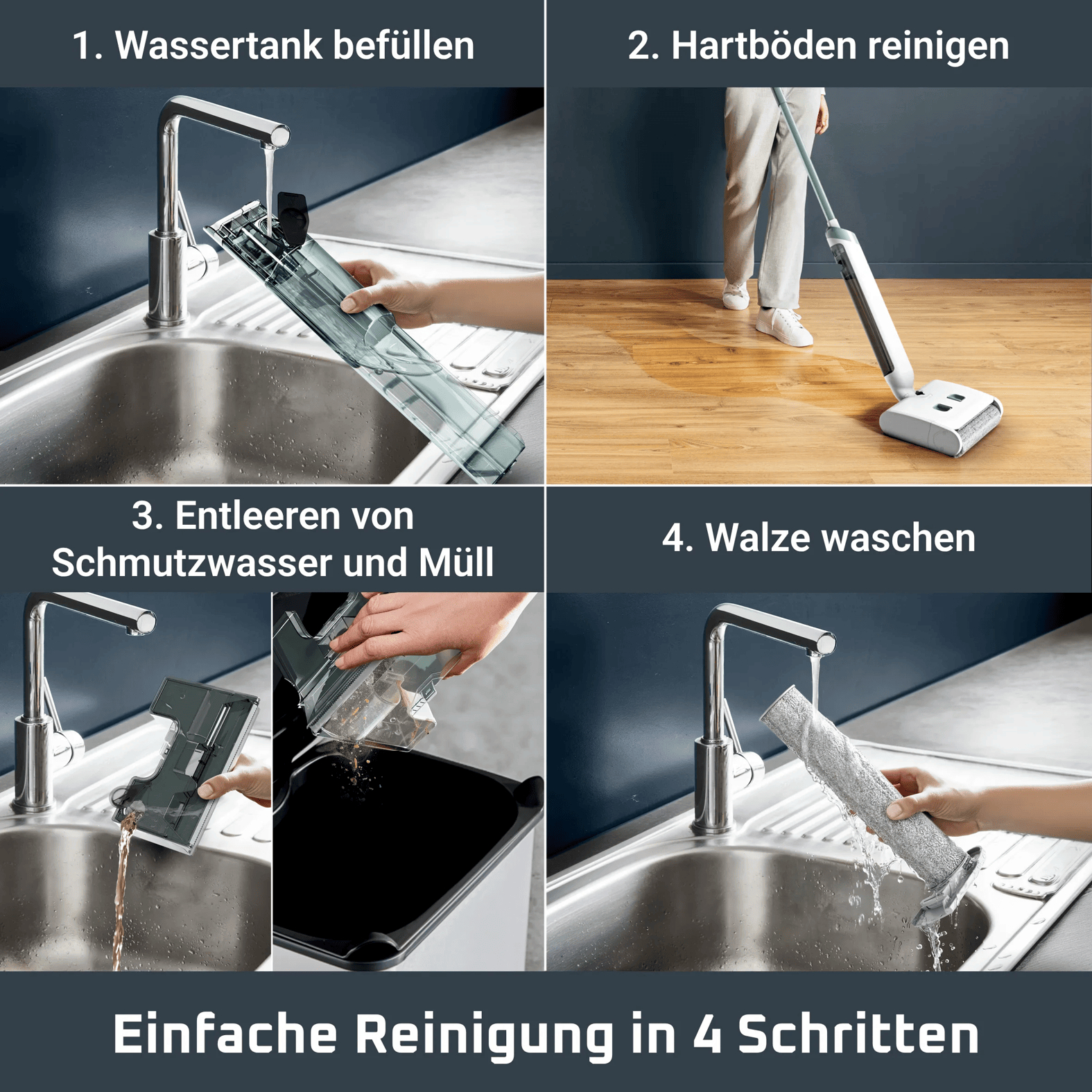 Vier-Schritte-Anleitung zum Befüllen des Wassertanks, Reinigen des Bodens, Entleeren des Schmutzwassers und Waschen der Walze.