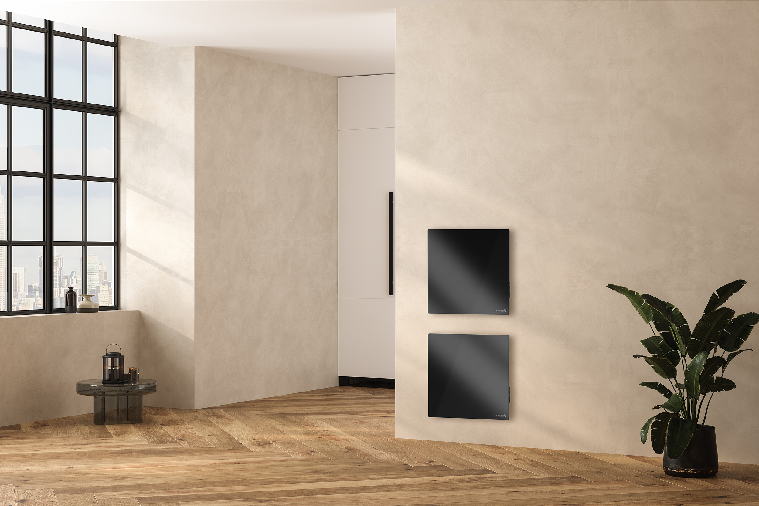 Modern fali fűtőtestek minimalista szobában, nagy ablakokkal és fapadlóval.