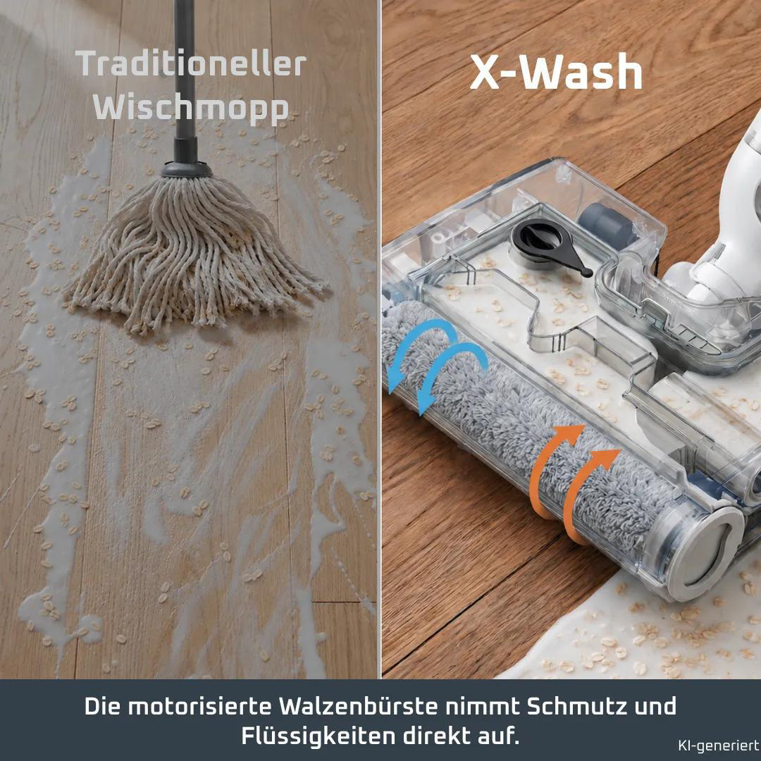 Vergleich zwischen traditionellem Wischmopp und X-Wash beim Reinigen von verschütteter Milch mit Getreide auf Holz.