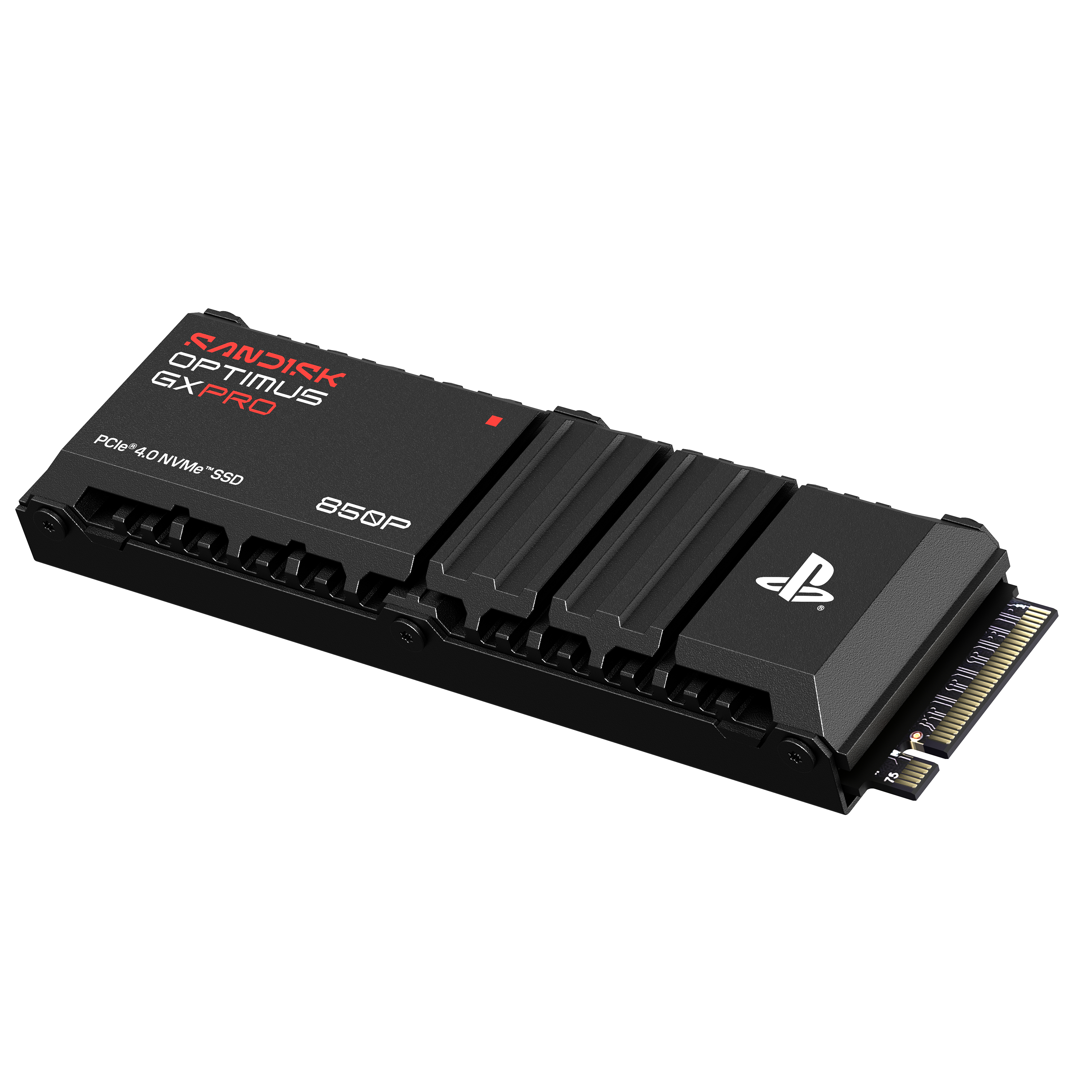 Schwarze NVMe-SSD mit Heatsink und rotem SanDisk-Logo auf weißem Grund.