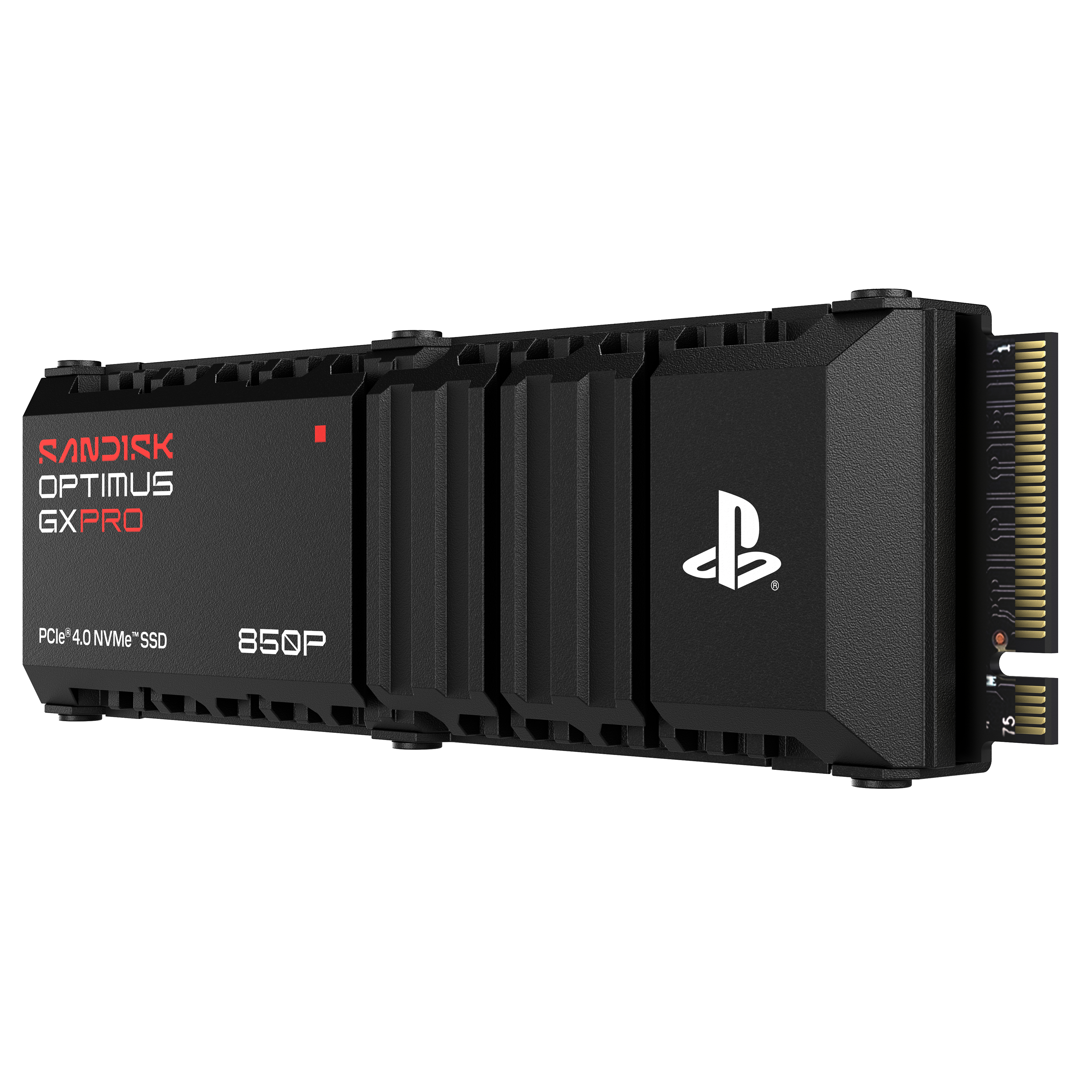 Schwarze NVMe SSD mit Heatsink und weißem PlayStation Logo vor weißem Hintergrund.