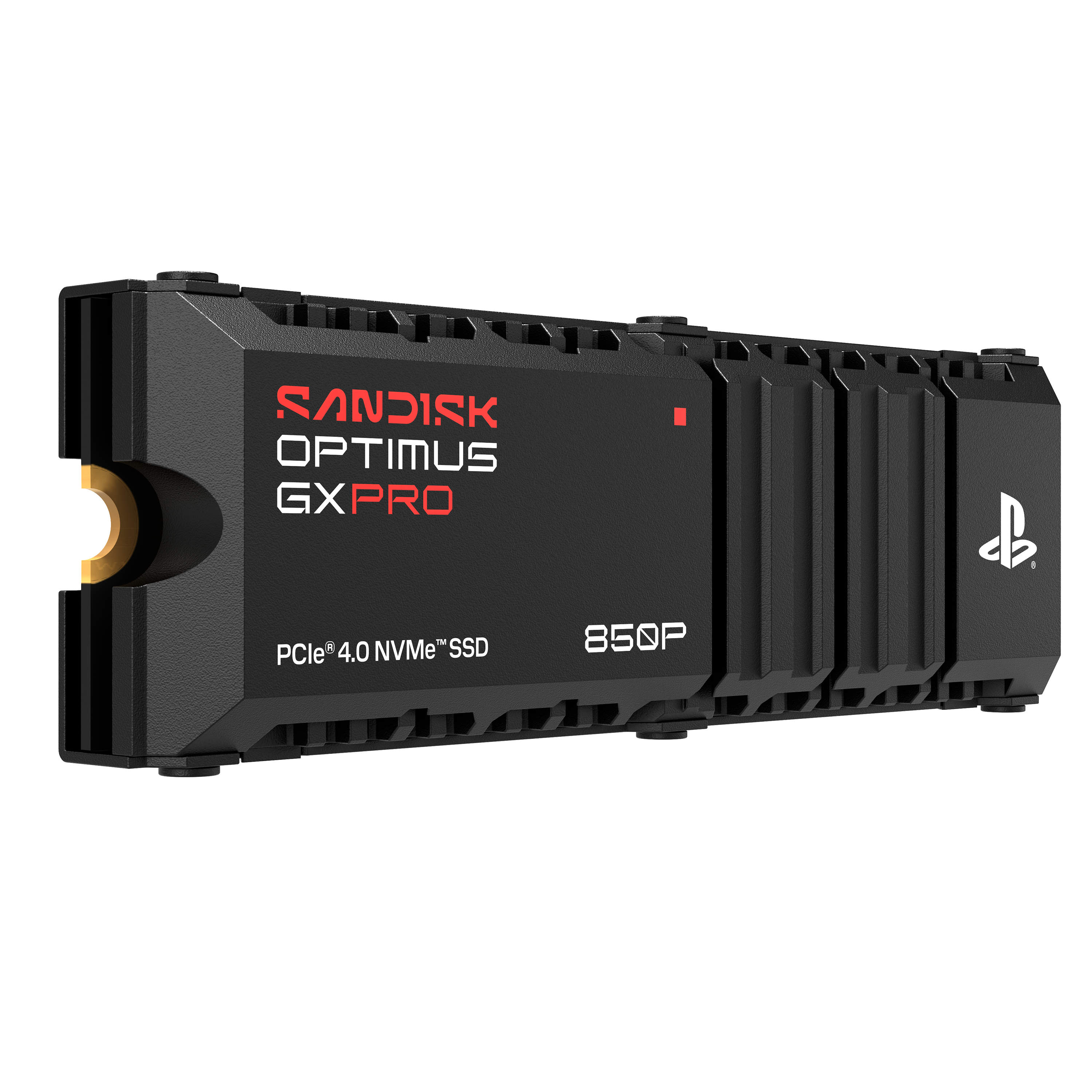 Schwarze Sandisk Optimus GXPRO PCIe 4.0 NVMe SSD mit Kühlkörper und PlayStation-Logo auf weißem Hintergrund.