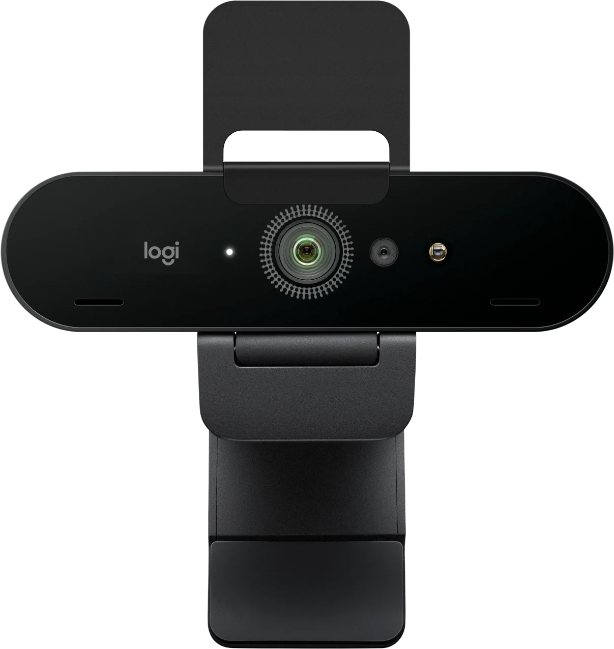 Webcam Logitech noire avec objectif central et support sur fond noir.