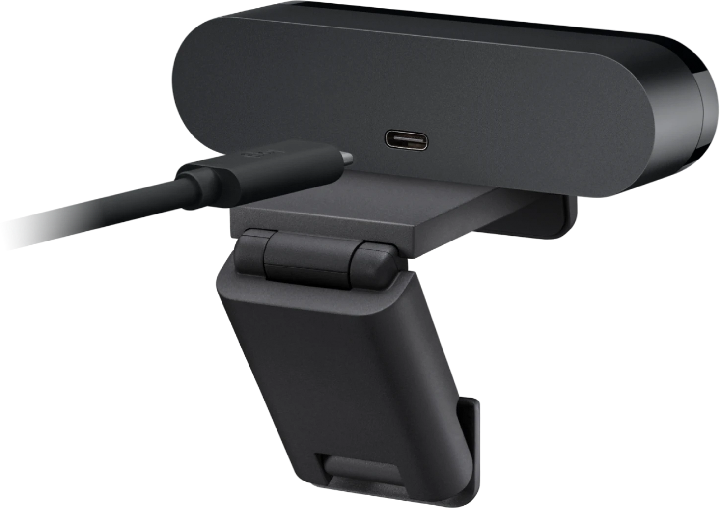 Webcam noire avec support réglable, un câble USB-C est en train d'être branché.