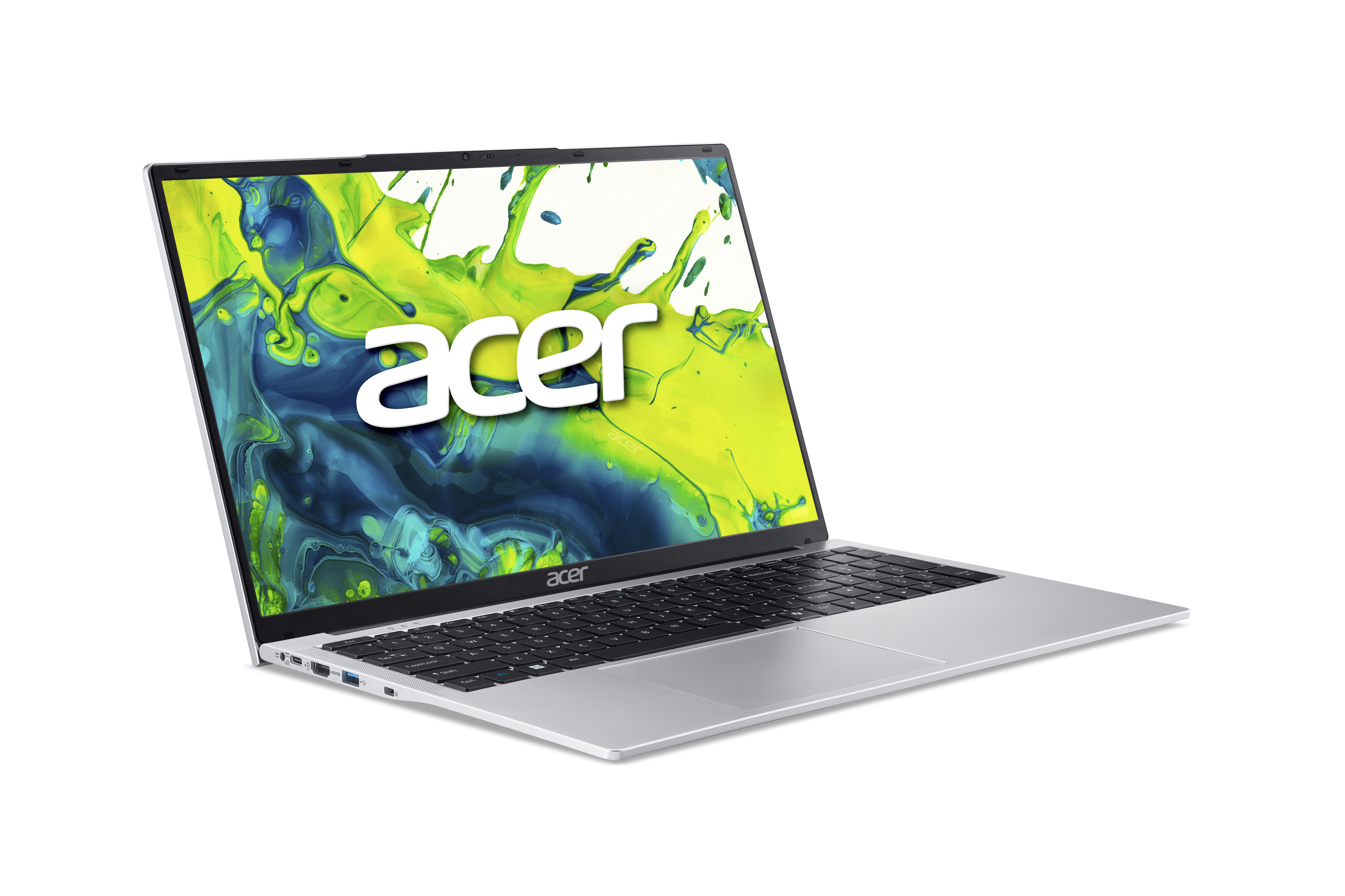 Ein silberner Acer-Laptop mit grün-blauem Hintergrundbild auf schwarzem Hintergrund.